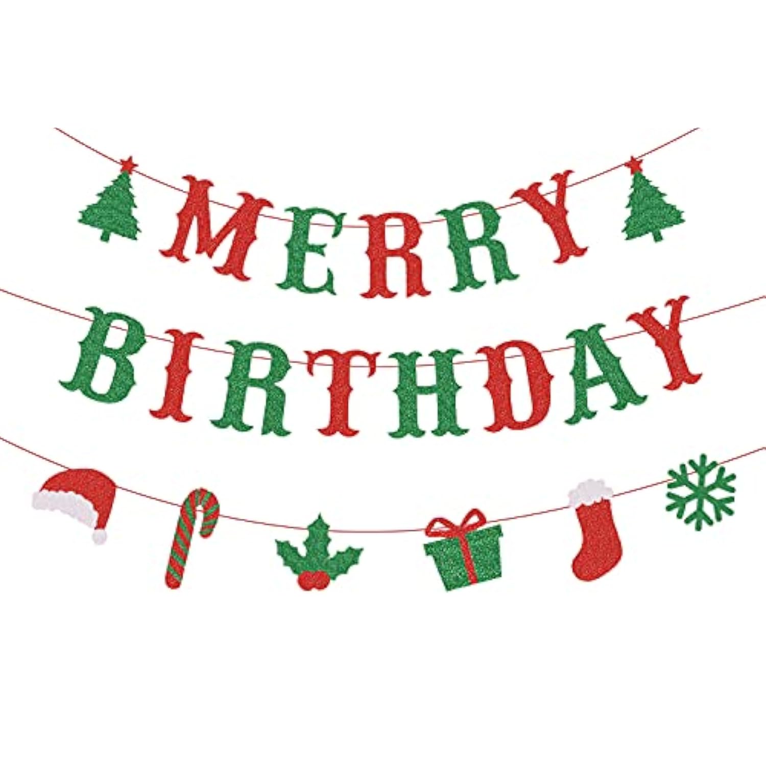Merry Birthday Banner, 3Pcs Glittery Merry Christmas Birthday Banner, Red & Green Christmas Party Home Mantle Decorations