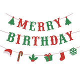 Merry Birthday Banner, 3Pcs Glittery Merry Christmas Birthday Banner, Red & Green Christmas Party Home Mantle Decorations