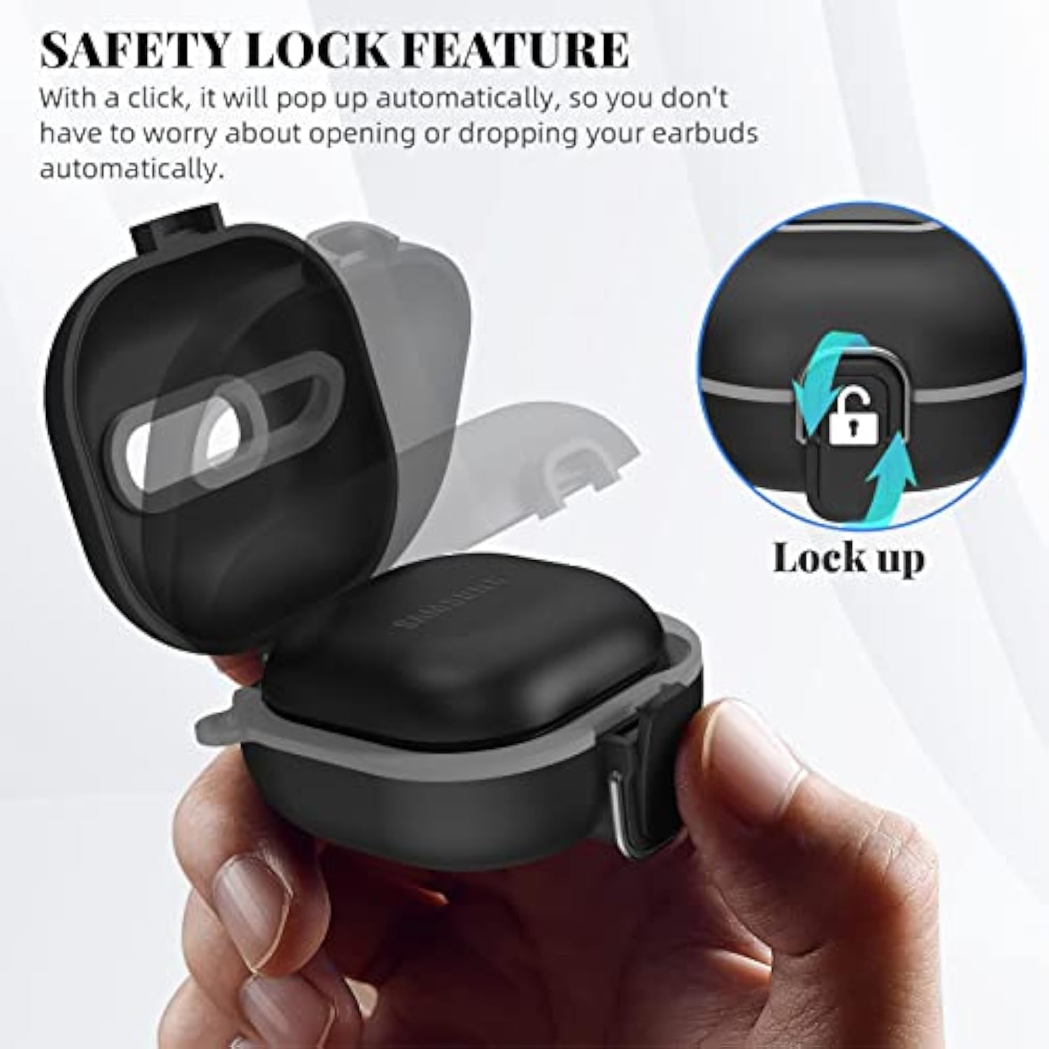 Secure Lock Case For Samsung Galaxy Buds 2 Pro/ Buds 2/ Buds Pro/ Buds Live, Shock-Absorbing Protective Cover Tpu Hard Shell With Lanyard And Keychain[One-Click Pop] (Black)