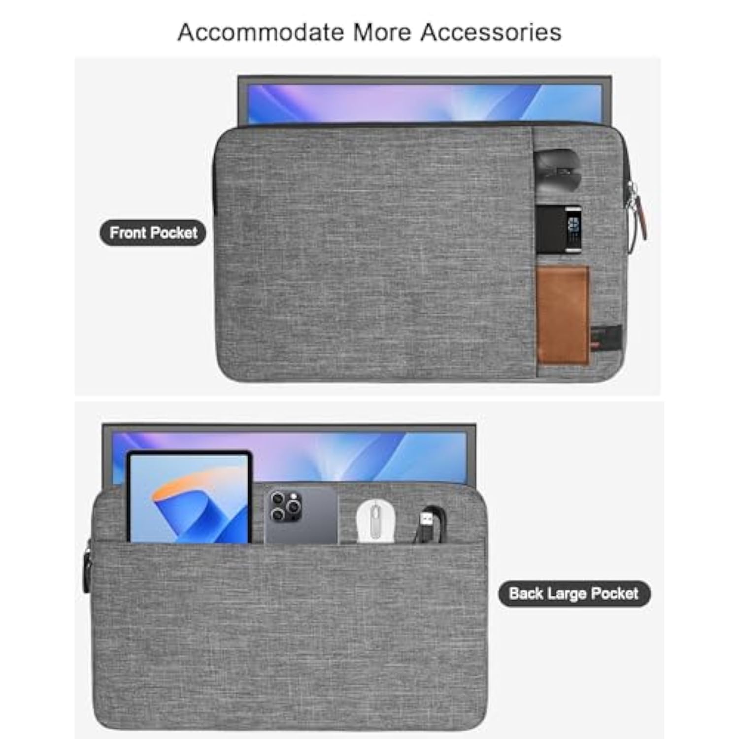 Portable Monitor Case 16.1 Inch,Protective Padded Sleeve Compatible With Arzora Uperfect Aoc Kyy 15.6-16.1" Portable Monitor,Travel Bag With 2 Accessory Pocket,Size-15.7"X10.2",Gray