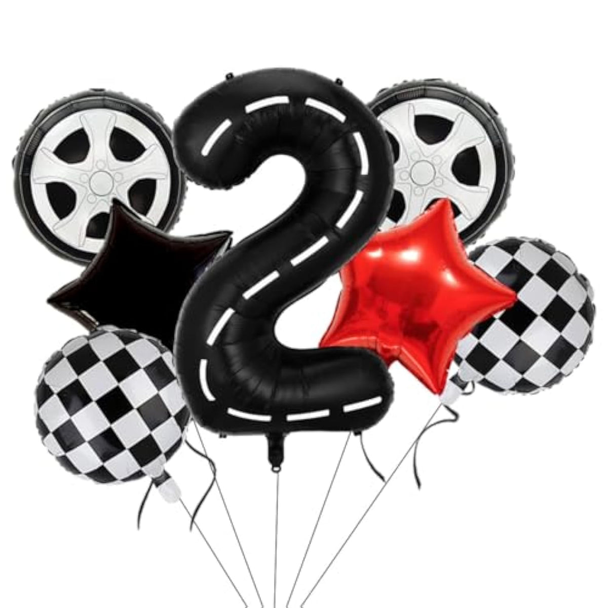 Race Car Birthday Balloons Decorations, 40 Inch Racetrack Black Number 2 Balloon, Large Mylar Black 2 Balloon For 2St Birthday Race Car Theme Party Decor Supplies 7 Pcs