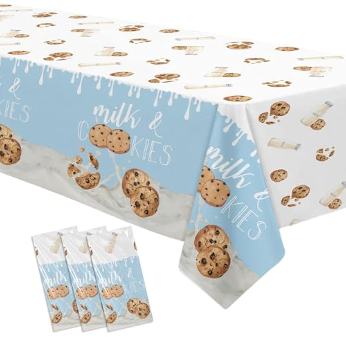 Milk And Cookies Birthday Party Supplies Tablecloth, 3Pcs Disposable Chocolate Chip Cookies And Milk Party Decorations Tablecover For Birthday Baby Shower, 86In X 55In