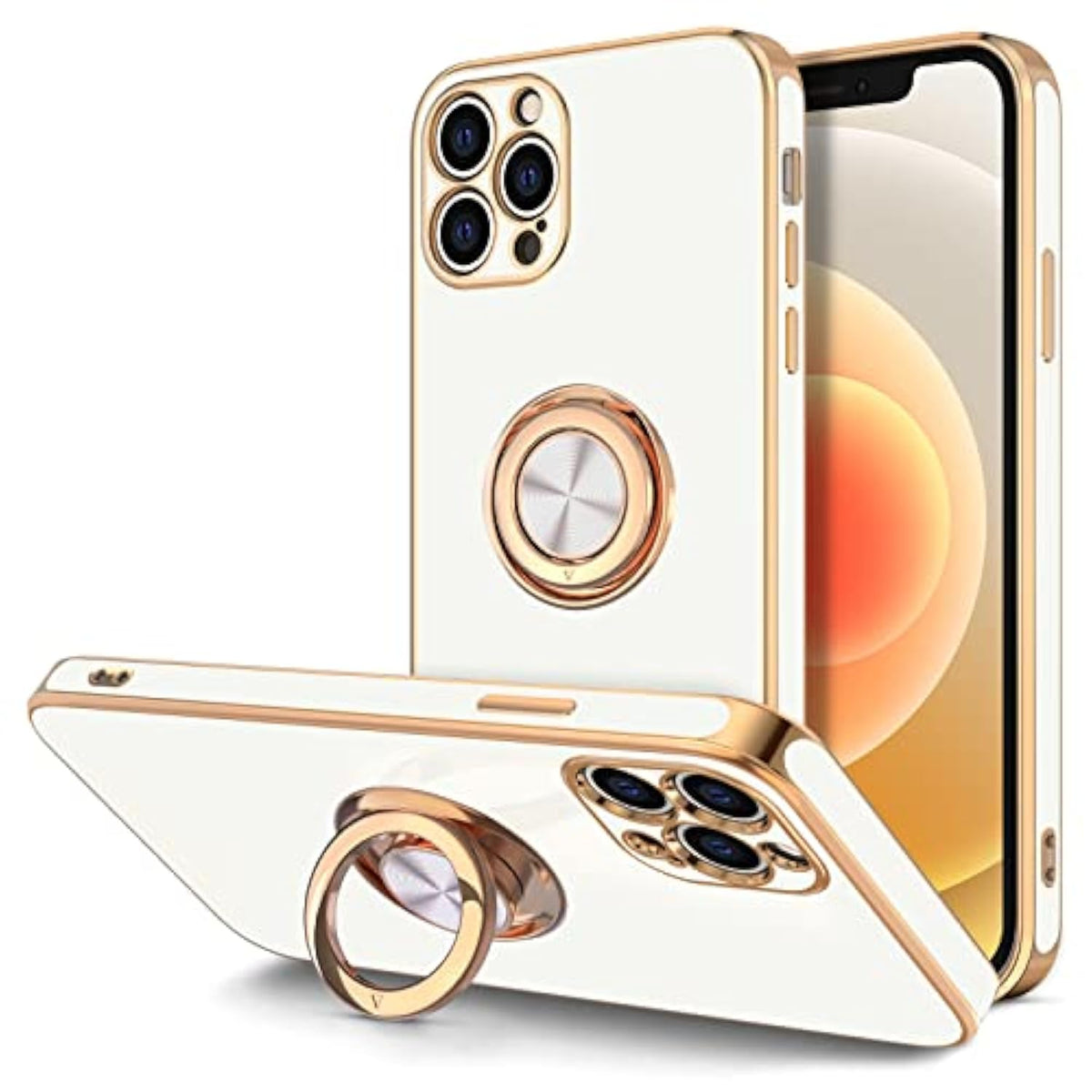 Case For Iphone 12 Pro Max Case With Ring Stand [360° Rotatable Ring Holder Magnetic Kickstand] [Soft Microfiber Lining] Plating Rose Gold Edge Shockproof Protective Phone Cases Cover, White