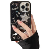 For Iphone 16 Pro Max Case Bling Stars 3D Hearts Diamond Twinkle Star Glitter Y2K Spark Luxury Girly Aesthetic Personalized Design For Women Girls Teens Tpu Case, 6.9", Black