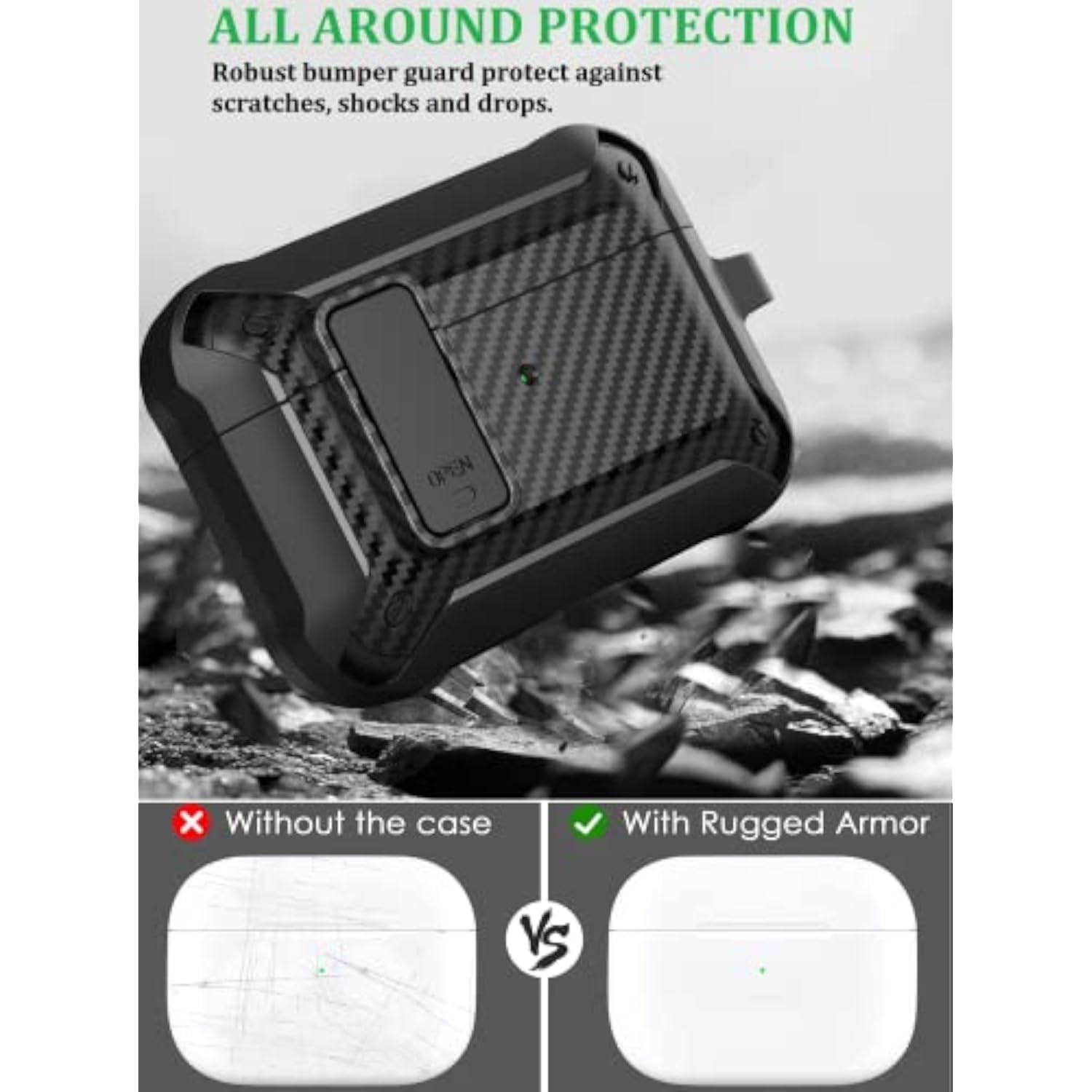 Airpods Pro 2/1 Gen Case Cover with Lock, Rugged Locking Case for Airpod Pro 2nd/1st Generation Shockproof Armor Protective Skin for Apple iPod Pro, Black