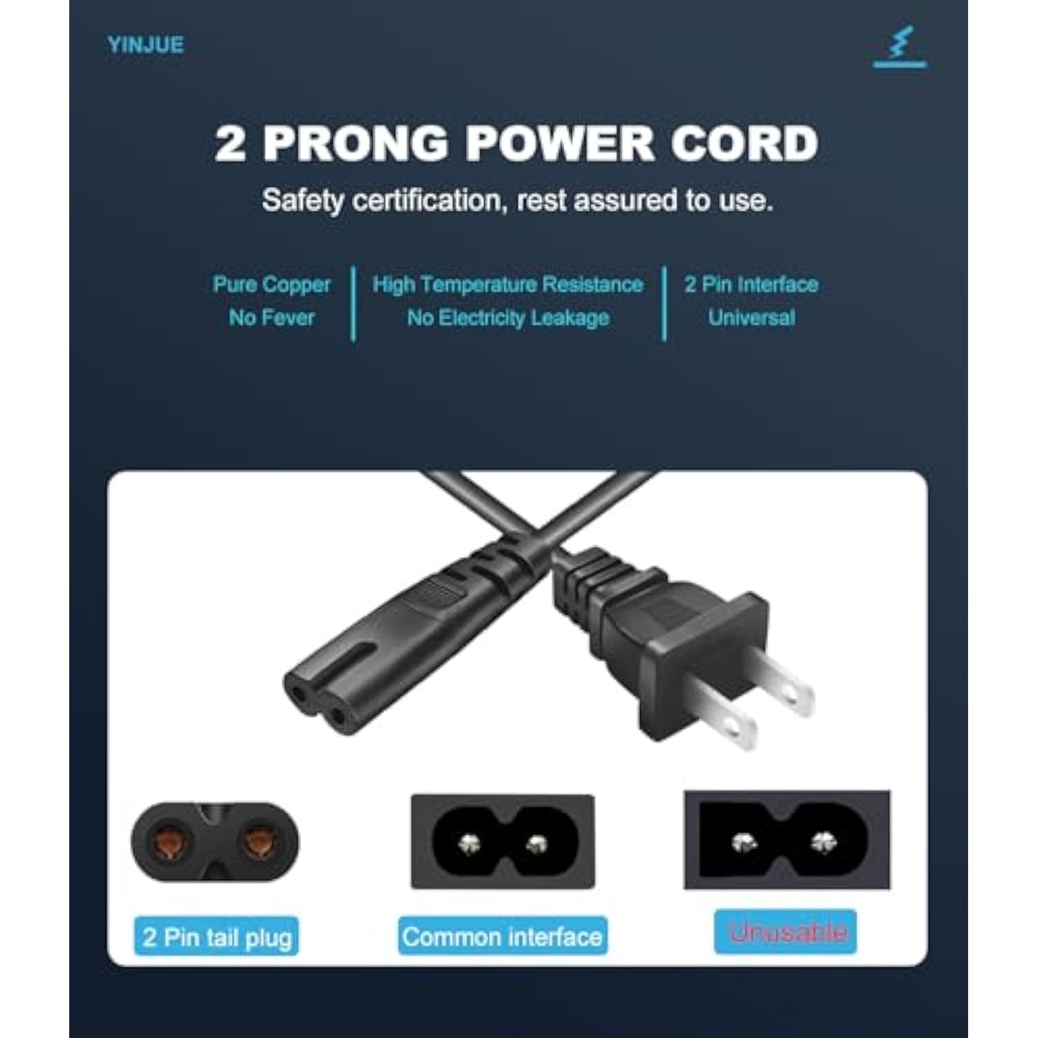 Tv Power Cord Cable Fit For Hisense Tv 50H8C 50H6C 50H5C 50K23Dg 55H5C 55H8C 55R6E 65R6E And More Model Universal Replacement 2 Prong Ac Power Cord 6 Ft