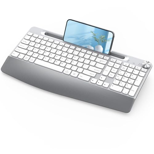 Ergonomic Wireless Keyboard, 2.4Ghz Cordless Usb Full-Size Keyboard With Wrist Rest, Quiet Design & Numeric Keypad, Phone Holder For Desktop, Laptop, Pc, Mac, Windows -Silver White