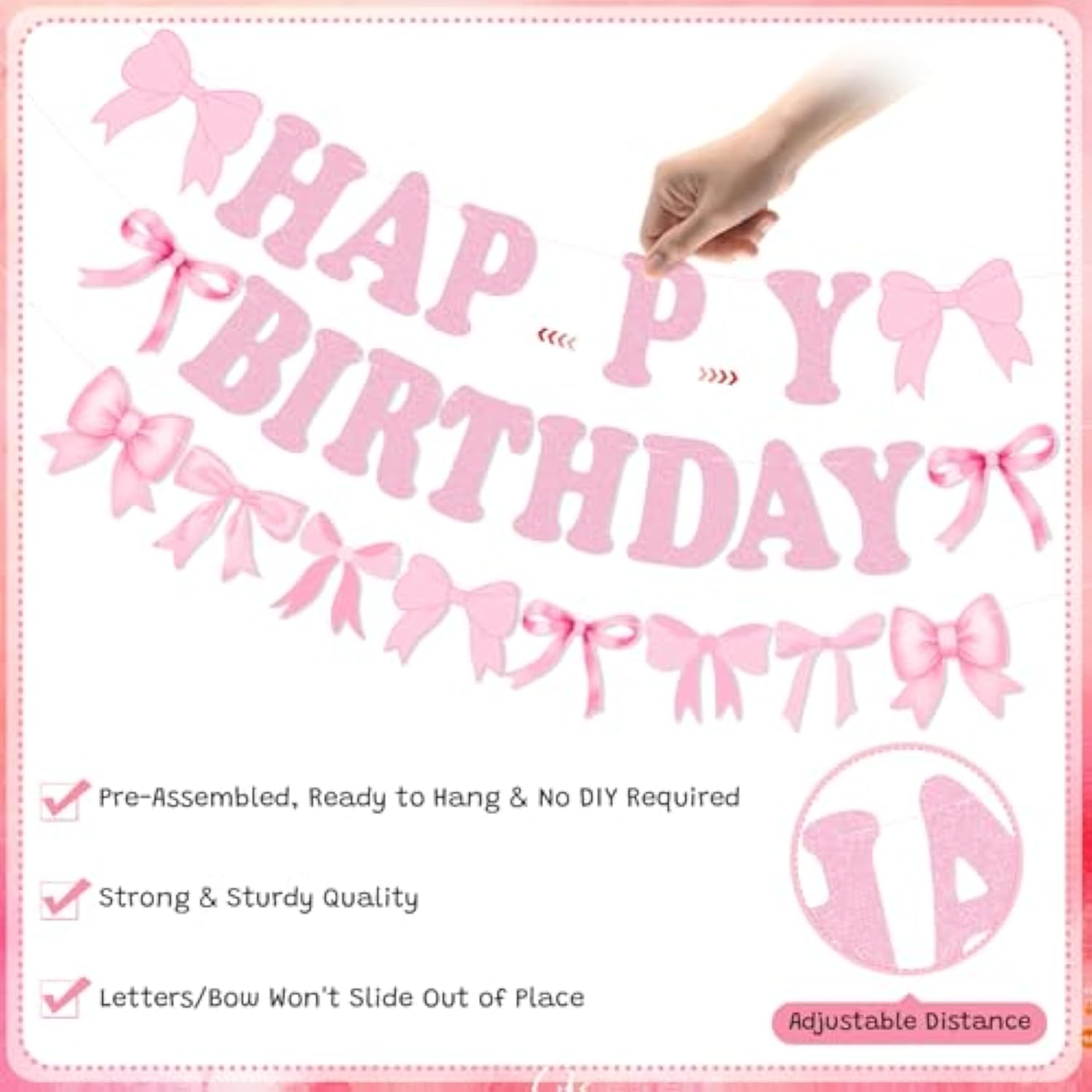 Bow Happy Birthday Banner Pre-Strung Pink Garland for Girls' Party Decor