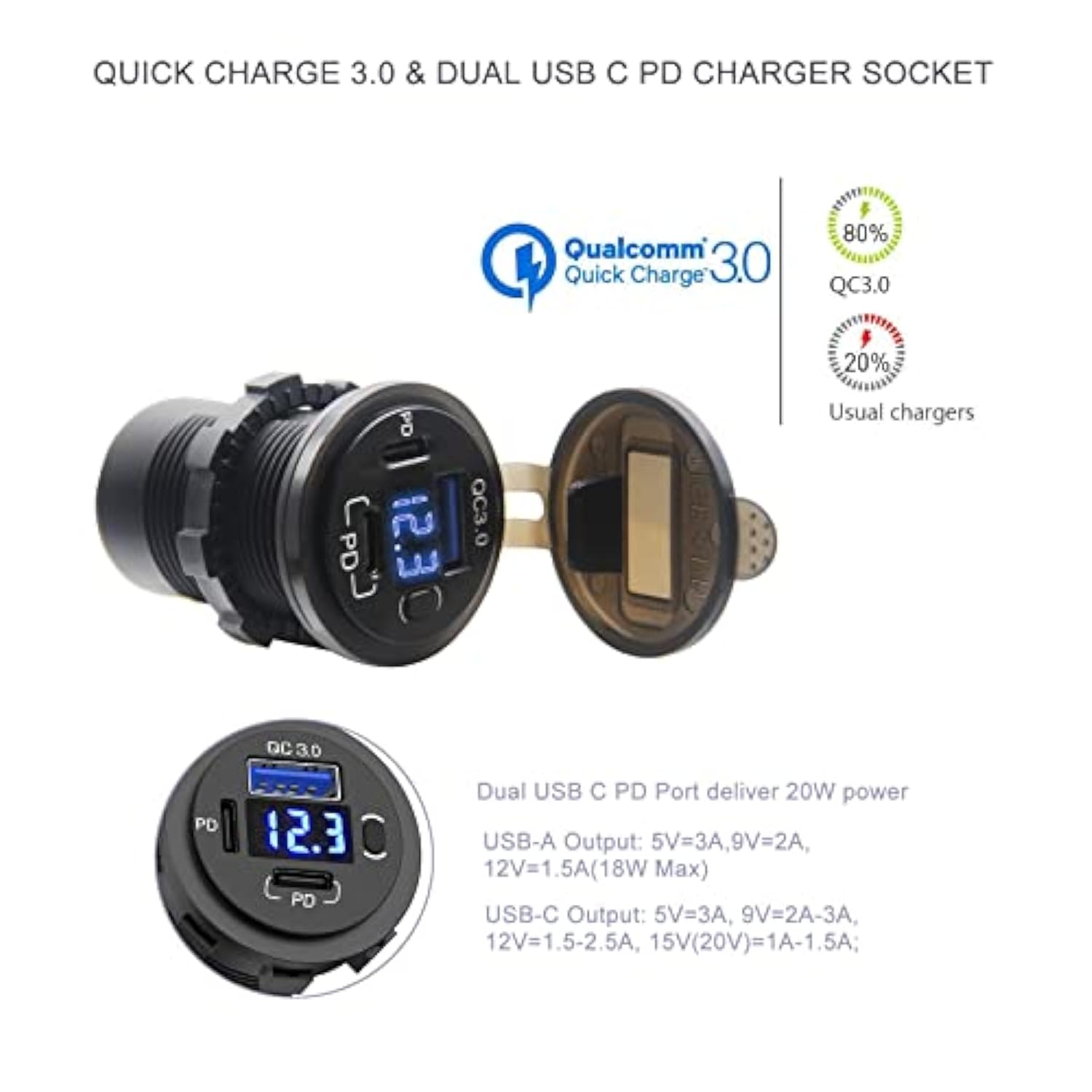 12V Usb Outlet, Dual Usb C Car Charger Socket & Quick Charge 3.0 Port With Voltmeter And Power Switch For Car Boat Marine Truck