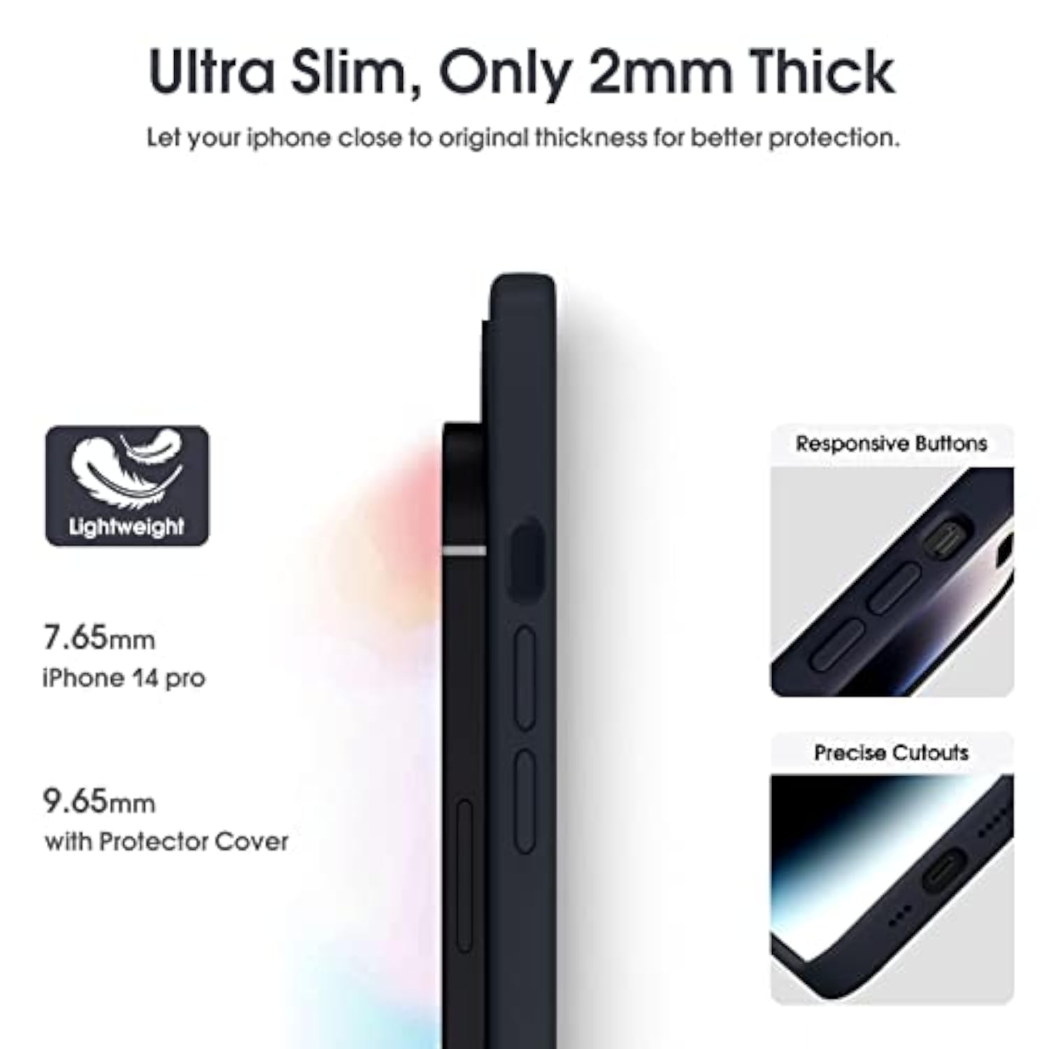 Liquid Silicone Case for iPhone 14 Pro, True Liquid Silicone, Anti Fingerprint, 4 Layer Phone Case Protective Cover, Full Coverage Around Camera & Built-in Microfiber, 6.1", Black