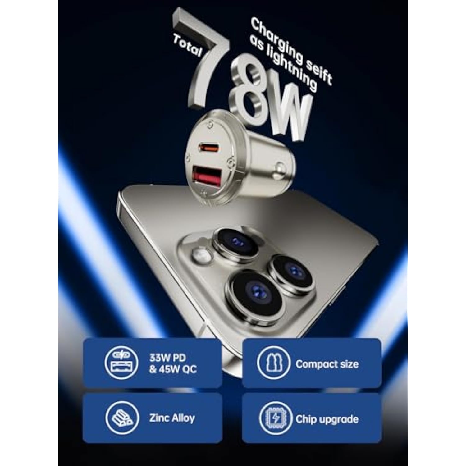 78W Usb C Car Charger Fast Charging,Advanced Ultra-Safe Zinc Alloy Material,Cigarette Lighter Adapter,Pd&Qc3.0 Super Fast Type C Car Charger (Pull Ring Style, No Charging Cable)