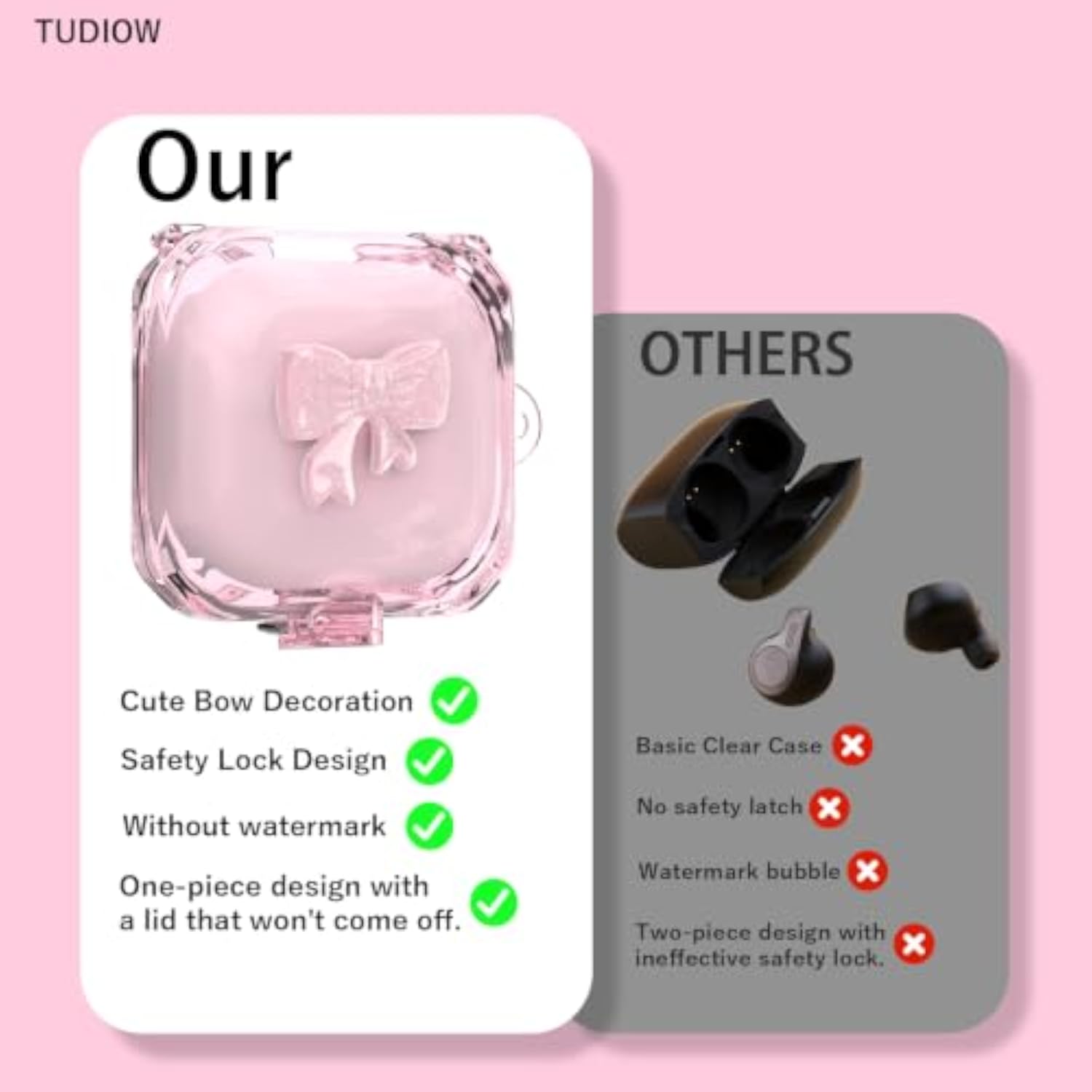 Clear Pink 3D Bow Case for 2021 Beats Fit Pro, Secure Lock Protection