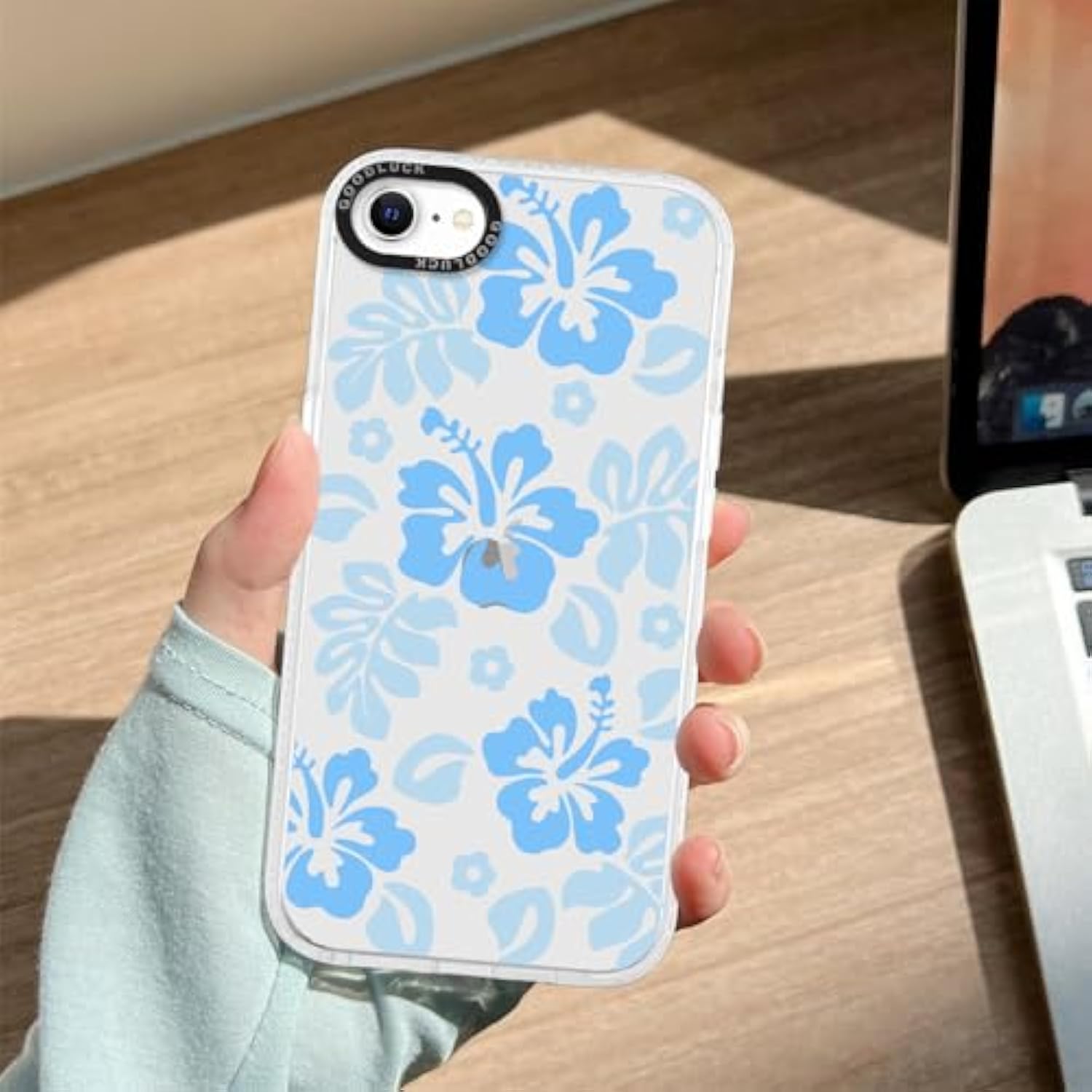 Clear Hibiscus Flower Case For Iphone 7/8 / Se 2020 / Se 2022 4.7", Cute Preppy Floral Pattern Aesthetic Design Soft Anti-Yellow Protective Shockproof Tpu Phone Cover For Women Girls - Blue