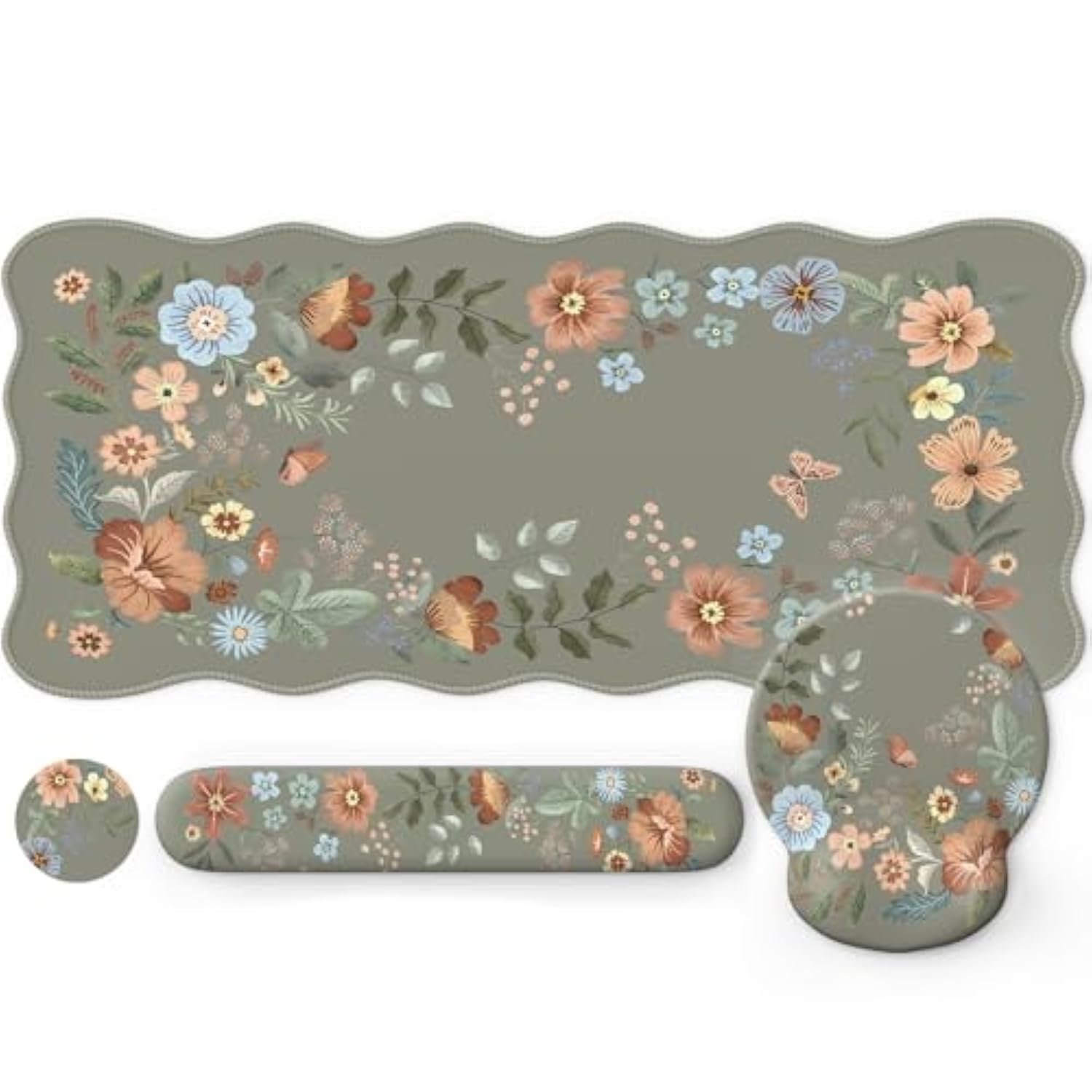 Desk Pad Mat Green, Wrist Rest Support For Mouse Pad&Keyboard Set, Scalloped Vanity Mat Protector For Makeup, Cute Floral Nail Mat, Aesthetic Desk Protector For Women'S Office Home, Dorm