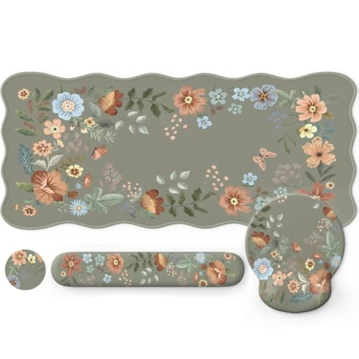 Desk Pad Mat Green, Wrist Rest Support For Mouse Pad&Keyboard Set, Scalloped Vanity Mat Protector For Makeup, Cute Floral Nail Mat, Aesthetic Desk Protector For Women'S Office Home, Dorm