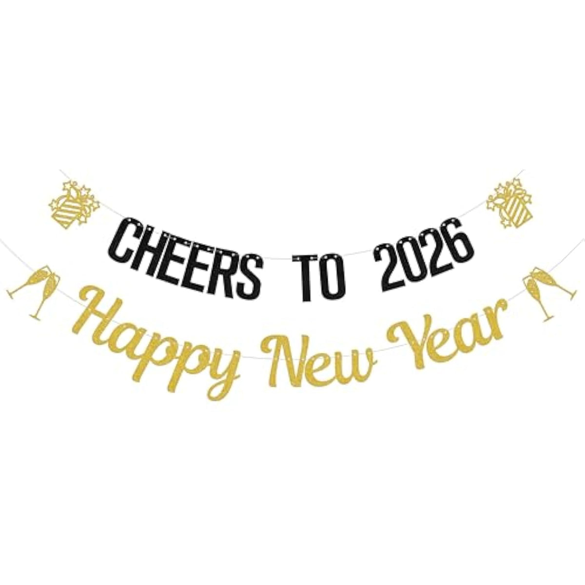 Happy New Year Banner Cheers To 2026 Banner Hello 2026 Decoration Gold Black Glitter
