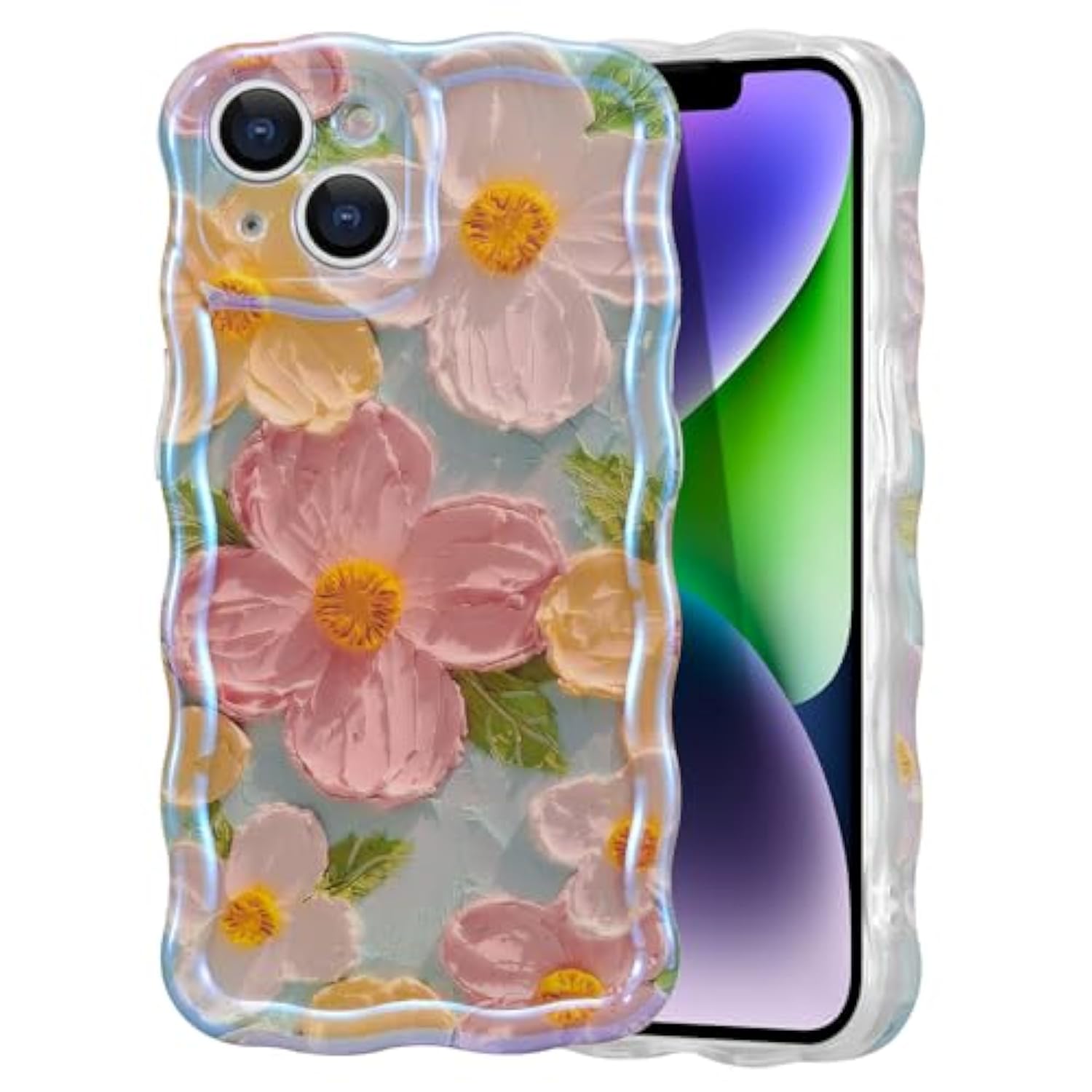 Case For Iphone 14 Plus/Iphone 15 Plus, Colorful Retro Oil Painting Flower Laser Glossy Cute Curly Wave Edge Exquisite Phone Cover Stylish Durable Tpu Protective Case For Girl Women - Green