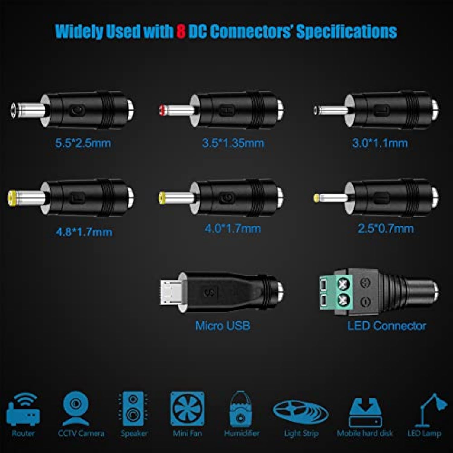 24W Universal Ac/Dc Adapter 12V 9V 7.5V 6V 5V 4.5V 3V Regulated Switching Power Supply With 8 Selectable Plugs For Led Strip Light Camera Keyboard Speaker Scale Recorder Massager, 2A Output
