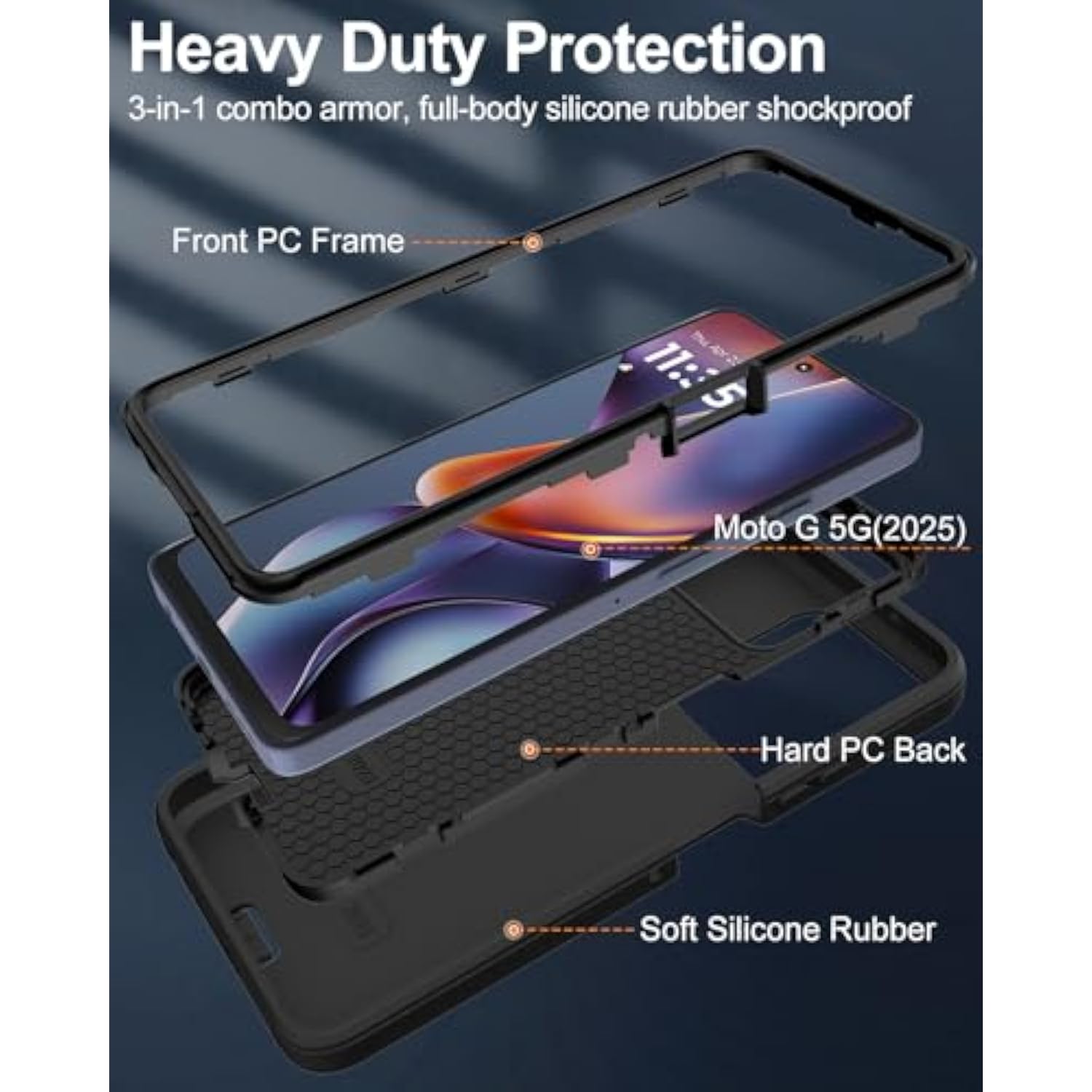 For Moto G 5G 2025 Case, 16Ft Drop Protection, With Dustproof Port Cover, 3-Layer Heavy Duty Shockproof Phone Case For Motorola Moto G 5G(2025), Black