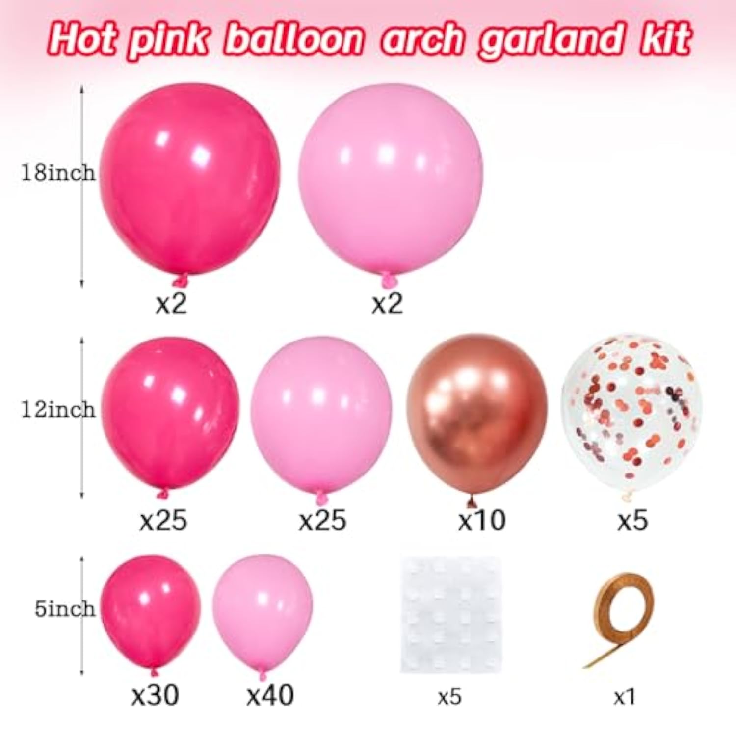 145-Pc Pink Balloon Garland Kit – Hot Pink, Rose Gold & Confetti for Party Decor