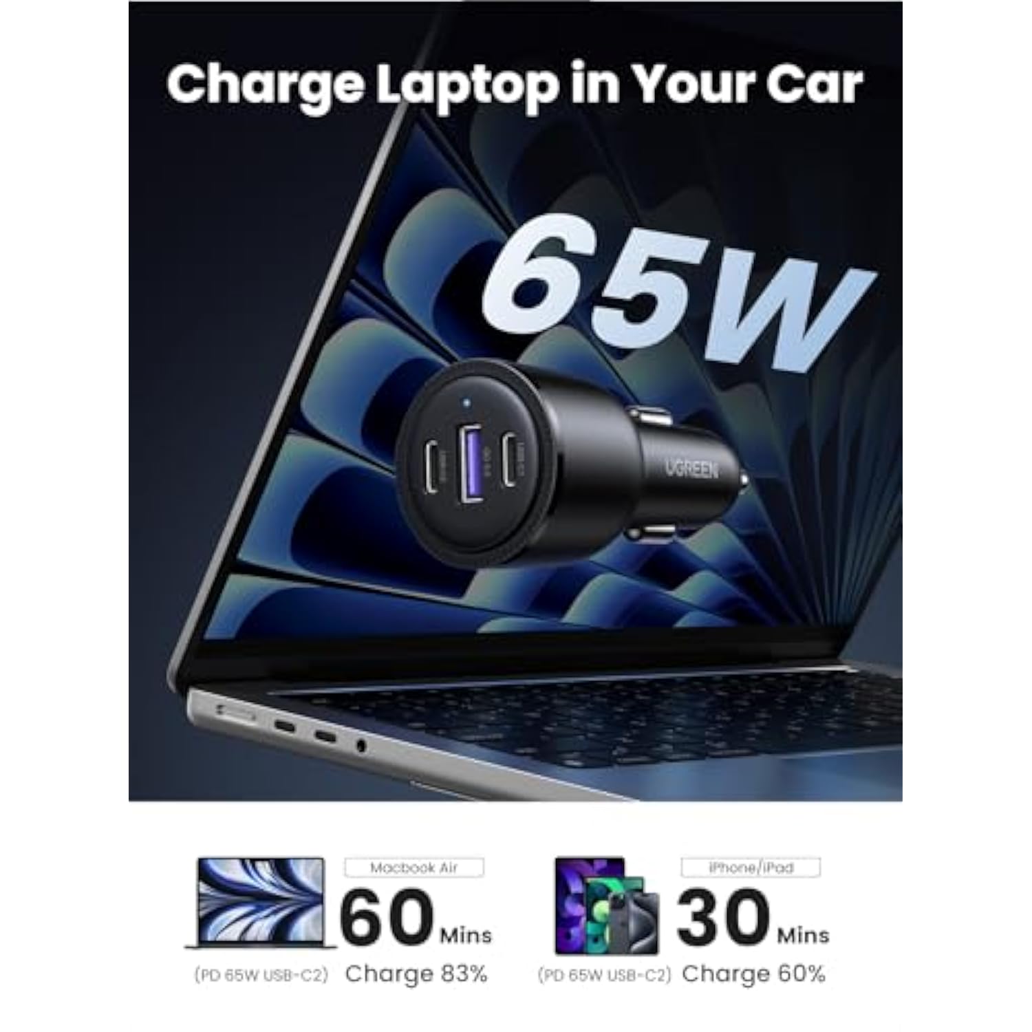UGREEN 69W USB C Fast Car Charger PD QC 3.0 USB C Cigarette Lighter Charger 65W 45W 30W Compatible with MacBook Pro Air iPad Pro Steam Deck iPhone 15 Pro Max 14 13 Galaxy S24 S23 S22 Ultra Plus