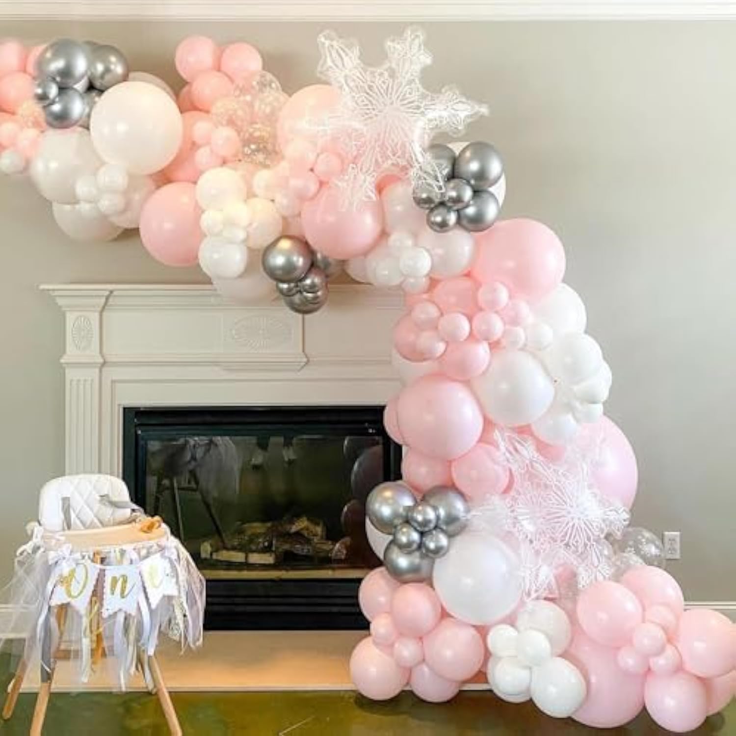 Pink Winter Wonderland Balloon Garland Arch Kit Pink White Metallic Silver With Large Snowflake Balloon For Christmas Princess Girl A Little Snowflake Is On The Way Baby Shower Birthday Party Decor