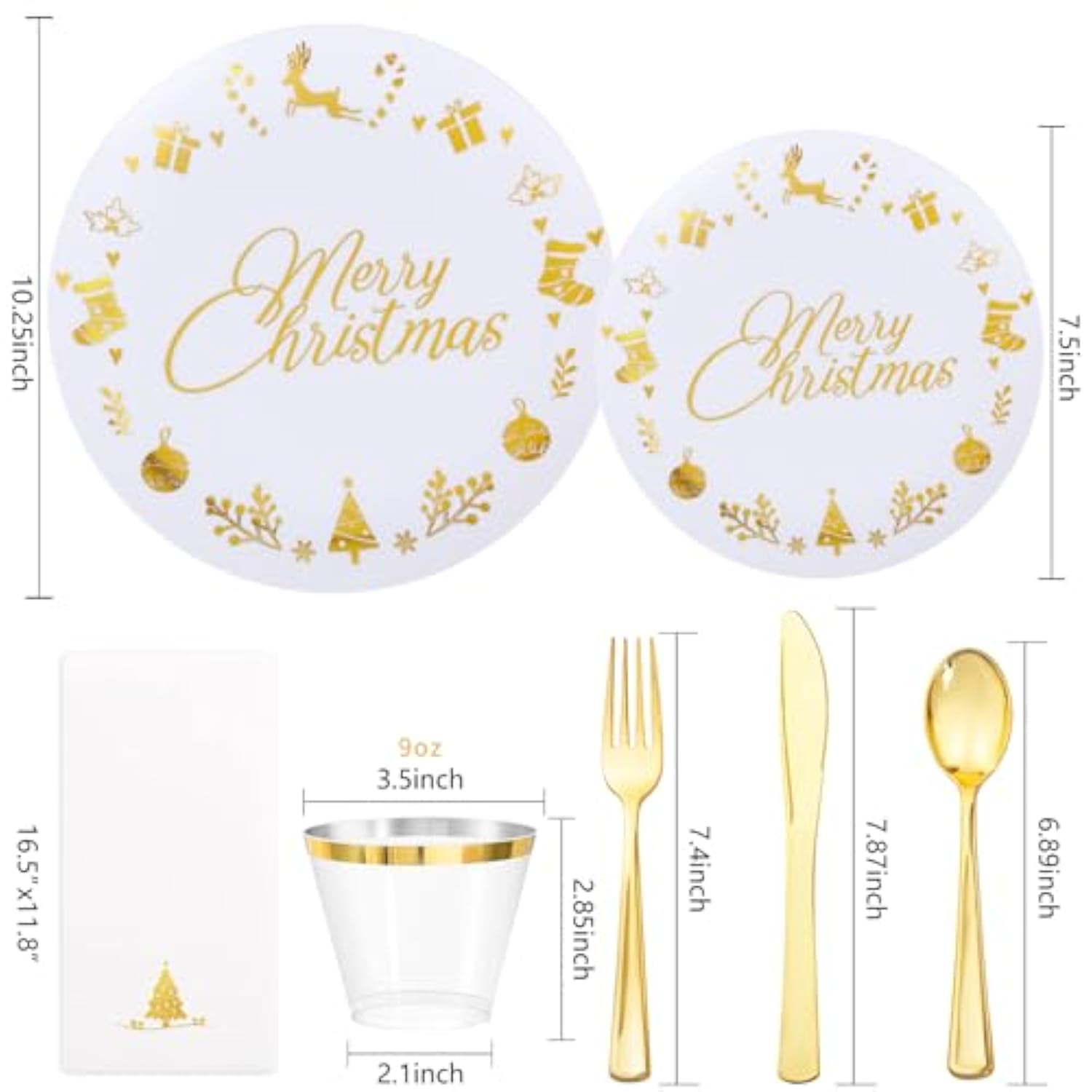 175 Pieces Christmas Plastic Plates - Christmas Gold Plastic Plates Include 25Dinner Plate, 25Dessert Plate, 25Knives, 25Forks, 25Spoons, 25Cups, 25 Napkins For Xmas Party