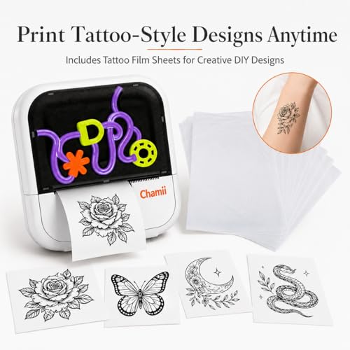 Portable Thermal Tattoo Printer & Label Maker - 3-In-1 Mini Bluetooth Sticker Printer Kit Includes 6 Color Paper Rolls & 10 Tattoo Film Sheets - Inkless Diy Art Printer For Ios & Android