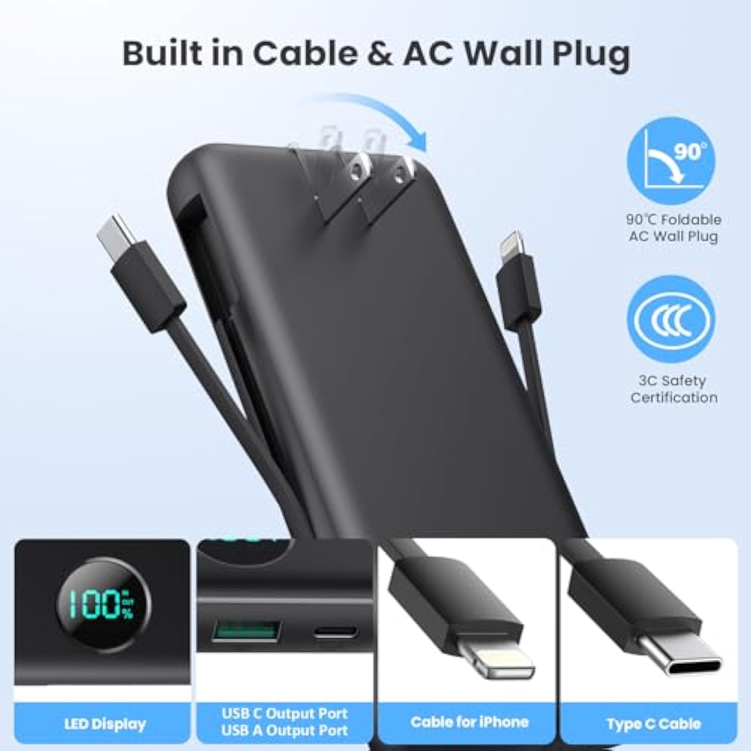 Portable Charger 33800Mah Usb C Power Bank With Built-In Cables & Ac Wall Plug,25W Fast Charging+Qc 4.0 Phone Charger,4 Output Lcd Display Battery Pack Compatible With Iphone16/15,Samsung,Android Etc