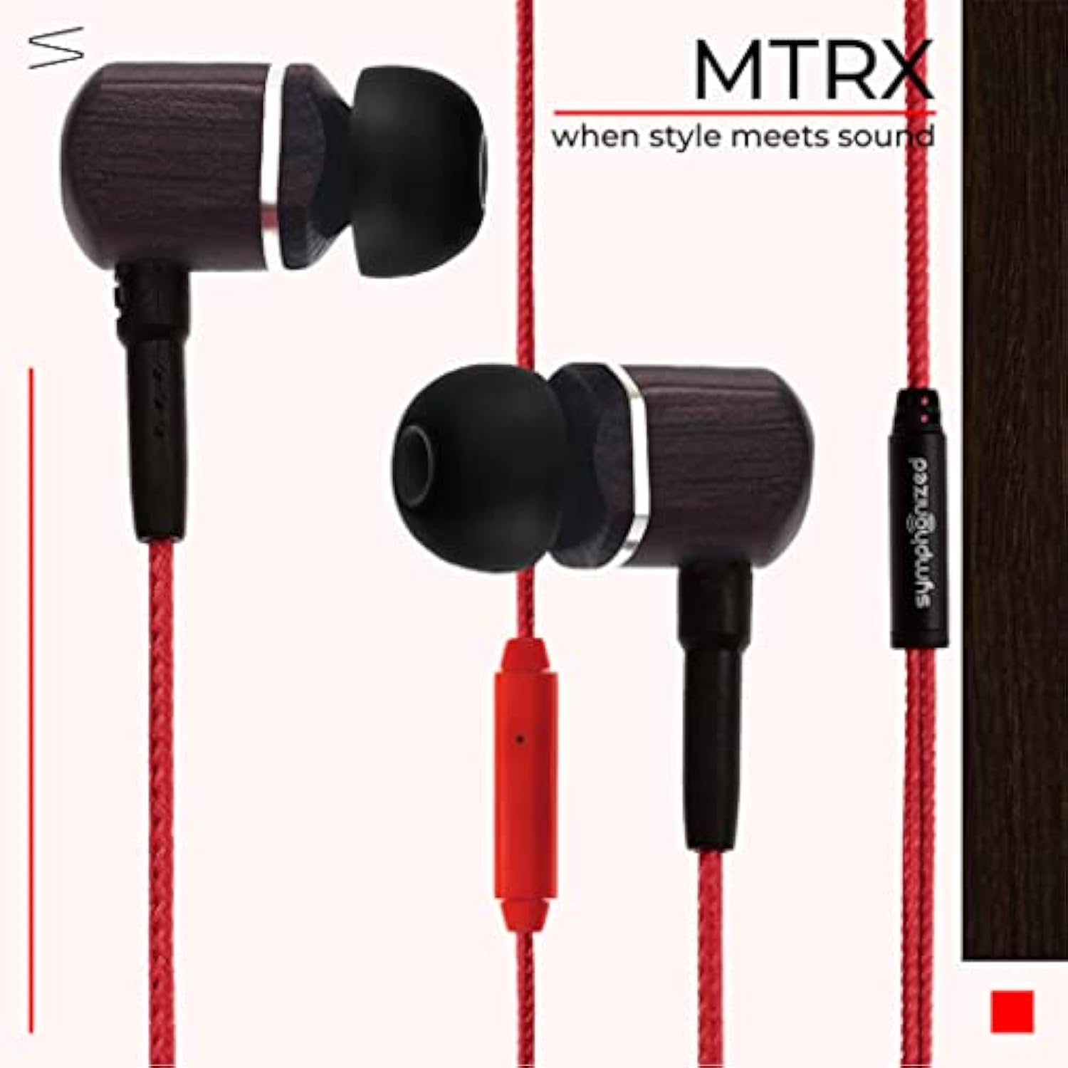 Mtrx Premium Genuine Wood In-Ear Noise-Isolating Headphones With Mic And Nylon Cable (Red)