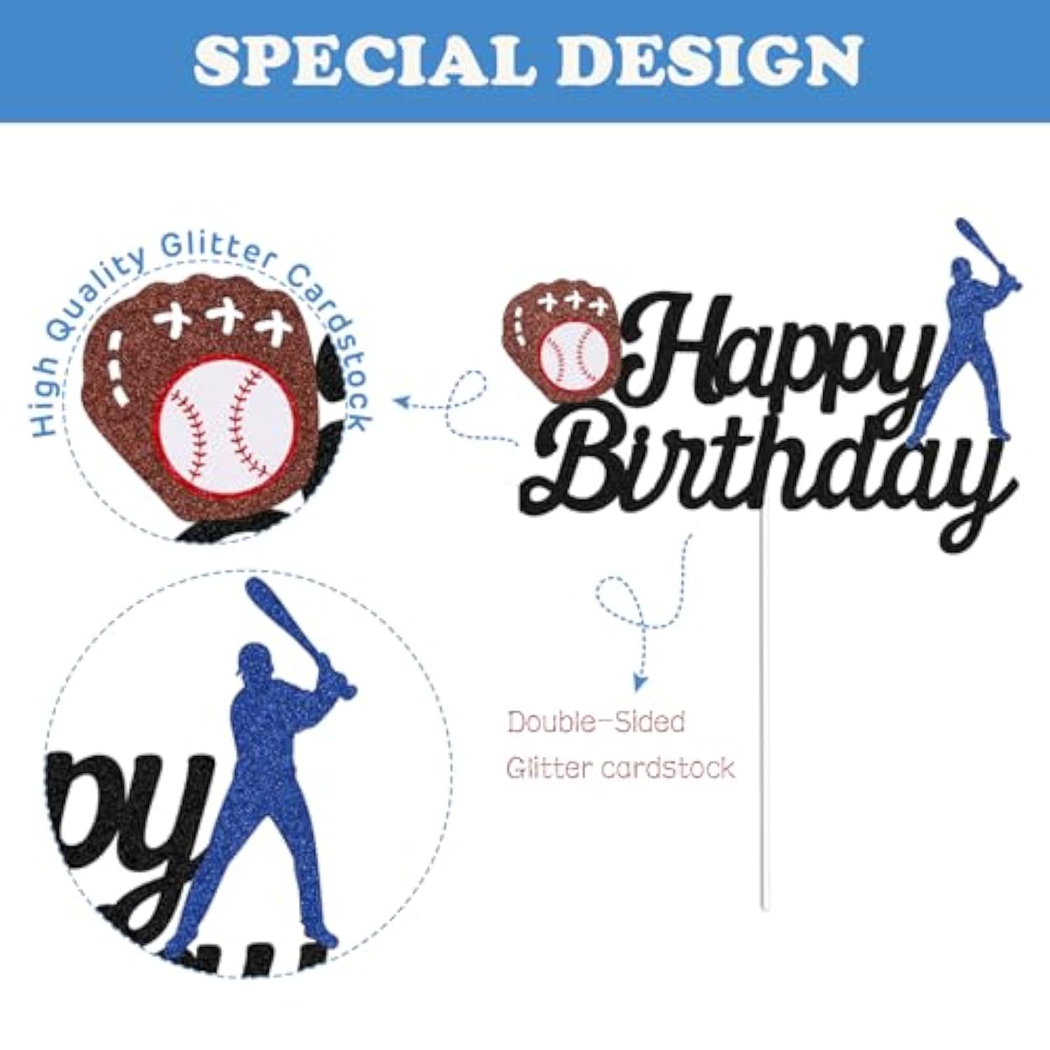 Baseball Theme Happy Birthday Cake Topper Black Glitter Sports Party Decor
