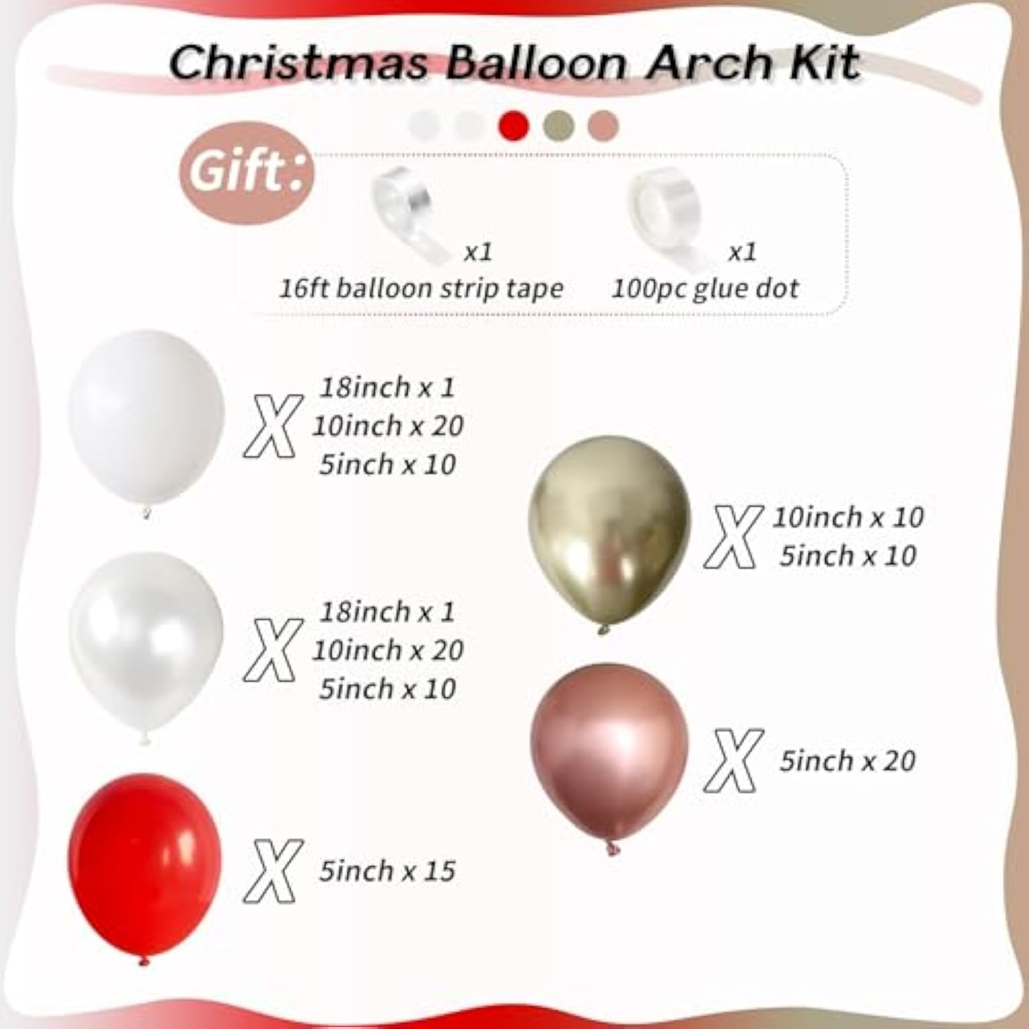 124 Pcs Christmas Balloon Arch Kit Red, Gold & White Winter Wonderland Decor