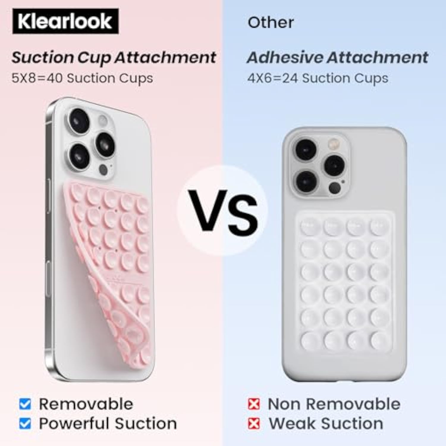 Klearlook Silicone Double-Sided Suction Cup Phone Case Detachable Mount, Sticky Phone Grip With Higher Suction Power For , Hands-Free Phone Accessories Holder For Selfies And Videos, Light Pink