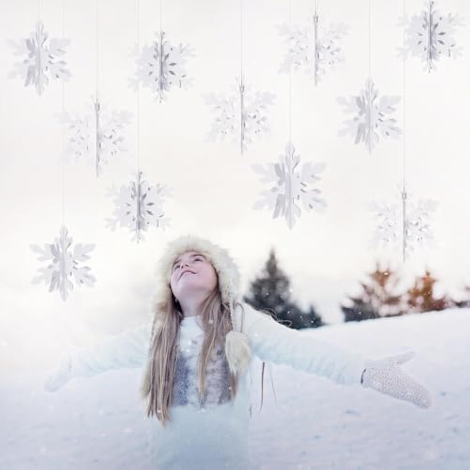 Snowflake Snow-White Christmas Party-Decorations Garland - 12Pcs 3D Winter Wonderland Frozen Hanging Streamers Banner,Baby Bridal Shower Birthday Wedding Classroom Decor Supplies