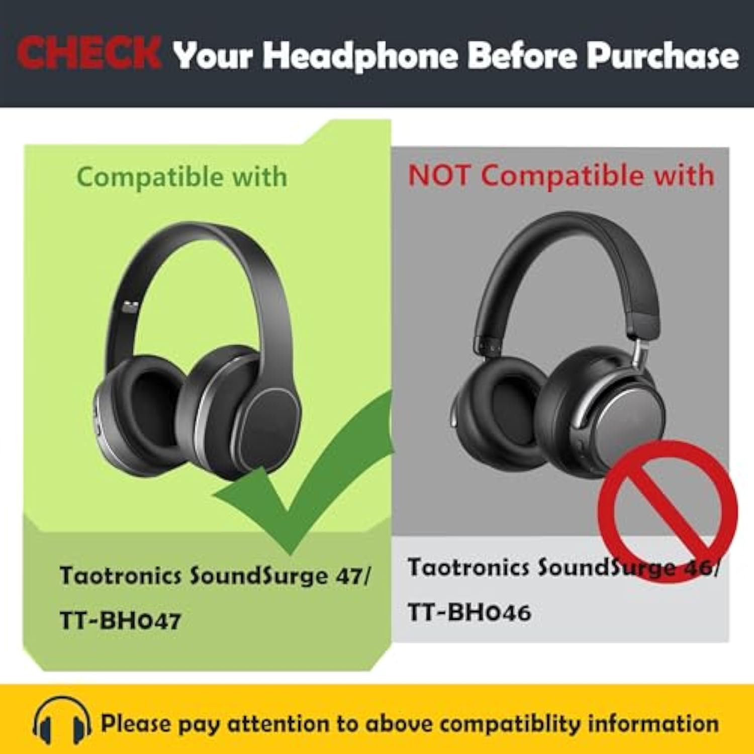 Earpads Replacement Cushion Compatible With Taotronics Soundsurge 47/Tt-Bh047 Headphone Ear Pads With Breathable Fabric/High Density Foam