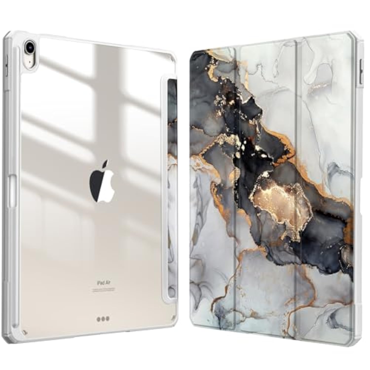 Fintie Hybrid Slim Case For Air 13-Inch (M3) 2025, (M2) 2024 - [Built-In Pencil Holder] Shockproof Cover With Clear Transparent Back Shell, Cloudy Marble