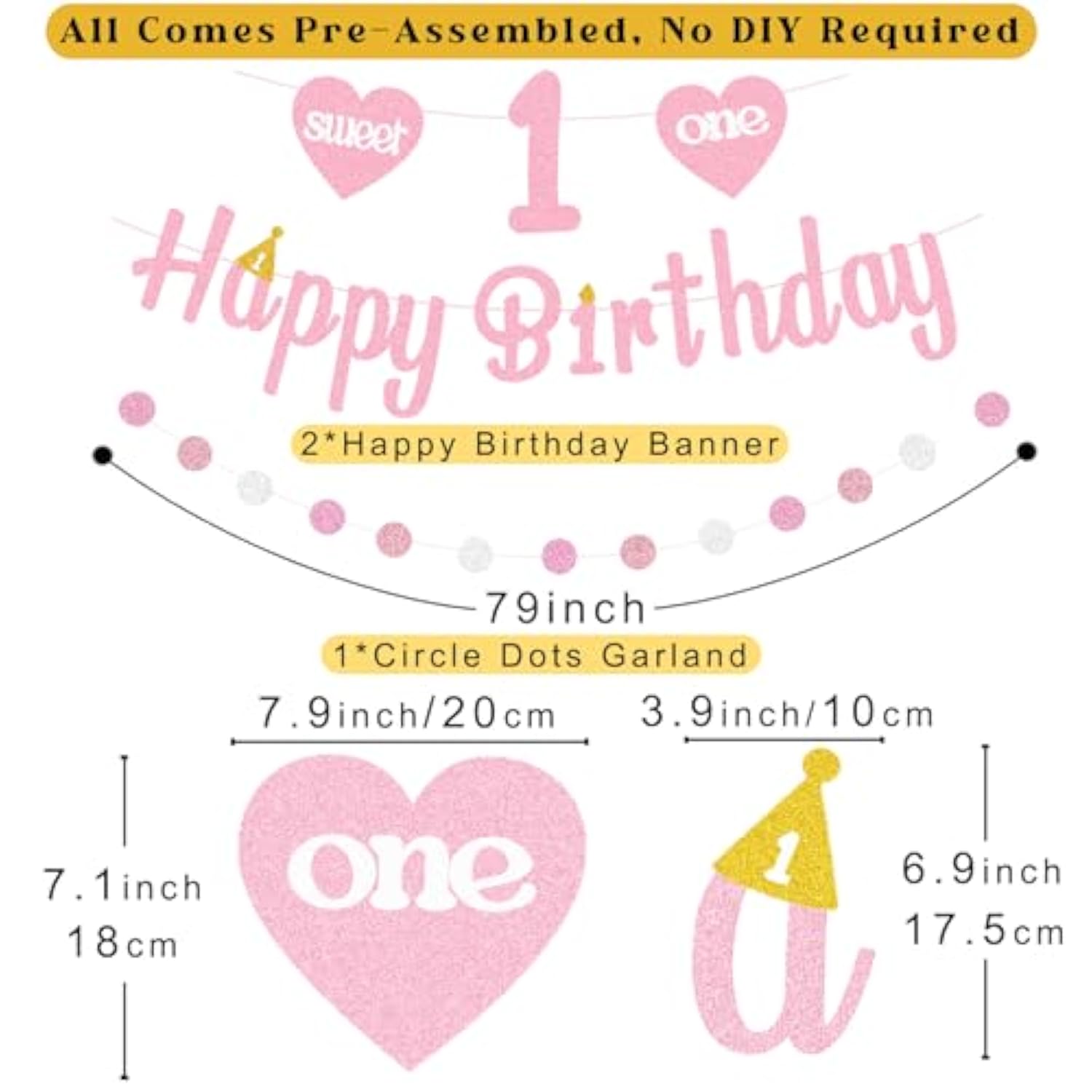 Pink First Birthday Decorations For Girl, Pre-Strung Sweet One And Happy Birthday Banner With Honeycomb Balls, Hanging Swirls, Circle Dots Garland For 1St Birthdays Decorations Girl 21Pcs