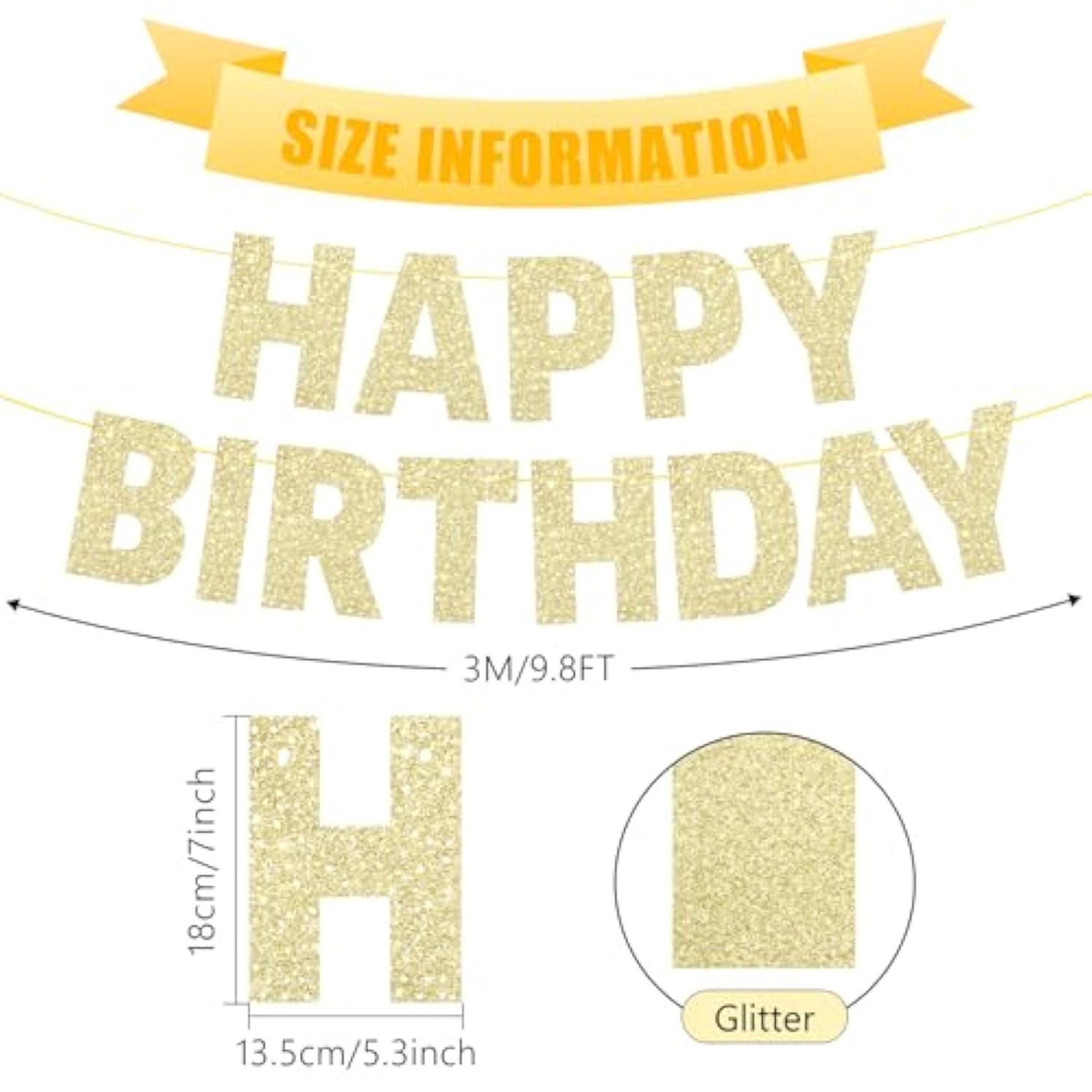 Pre-Strung Glitter Gold Happy Birthday Banner for Party Decorations