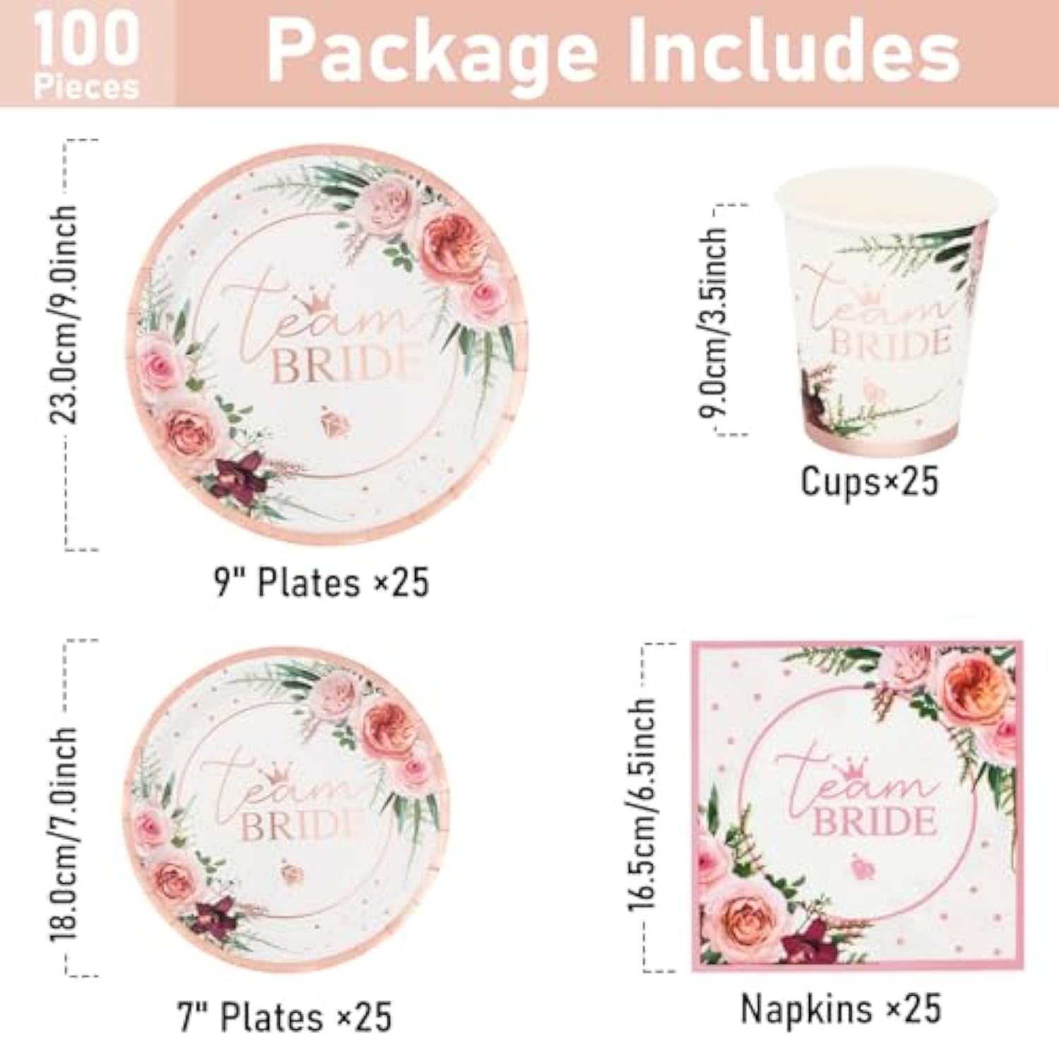 100 Pcs Floral Paper Plates, Bridal Shower Paper Plates And Cups And Napkins Sets Party Supplies For Wedding Bridal Shower Engagement, Serve For 25 Guests