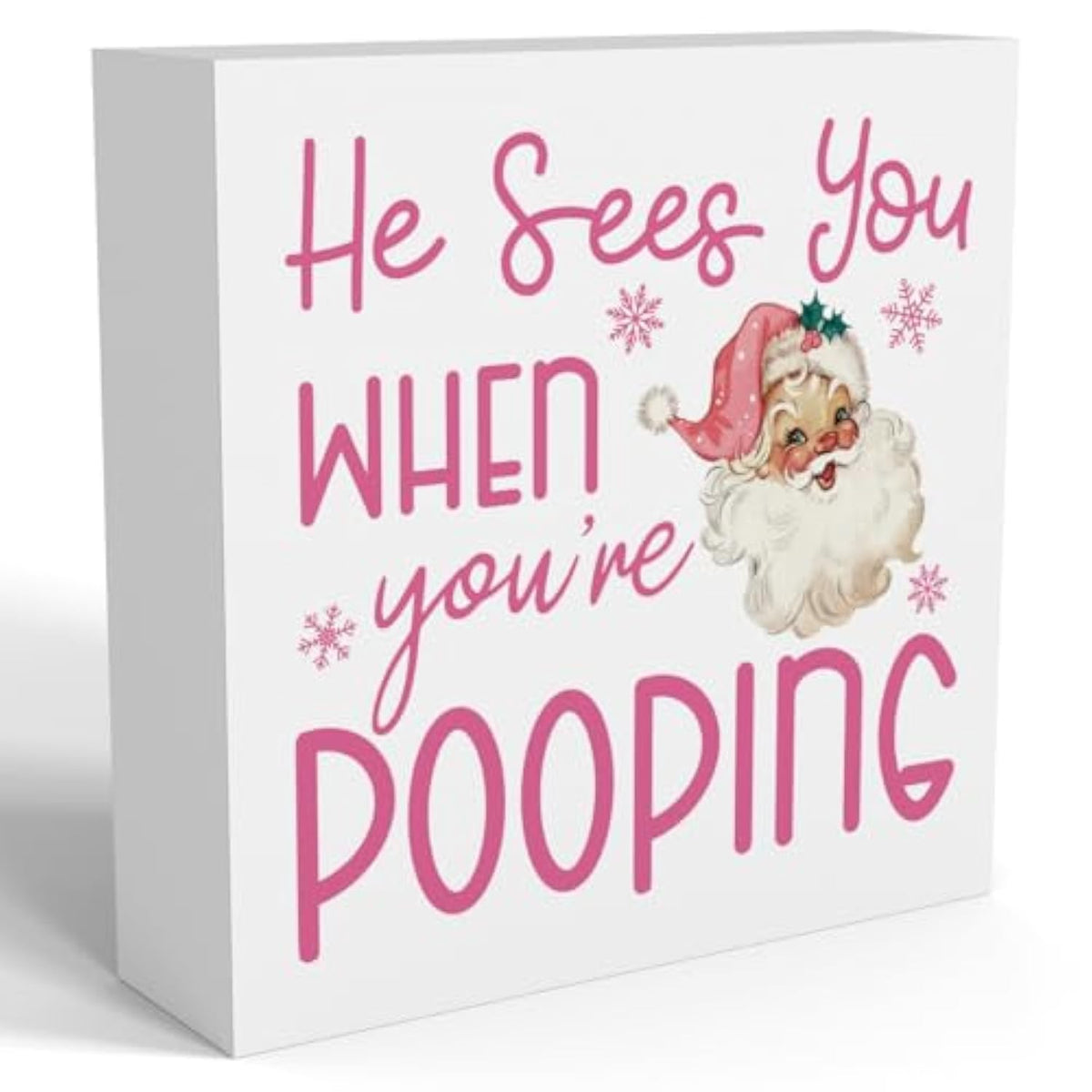 Funny Pink Christmas Bathroom Sign Wooden Box Decor for Home or Office