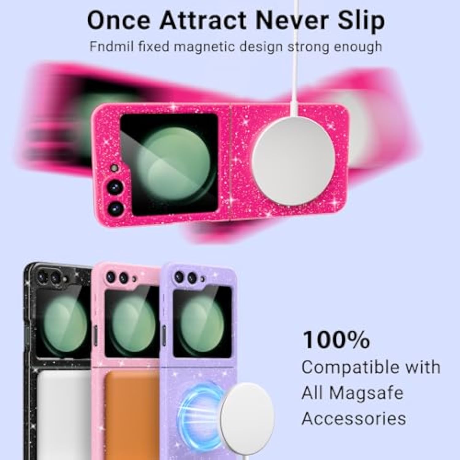 For Samsung Galaxy Z Flip 5 Magnetic Neon Phone Case[Compatible With Magsafe],Cute Bling Glitter Thin Slim Shockproof Sparkly Cover For Women Girl For Samsung Flip 5 5G-Pink