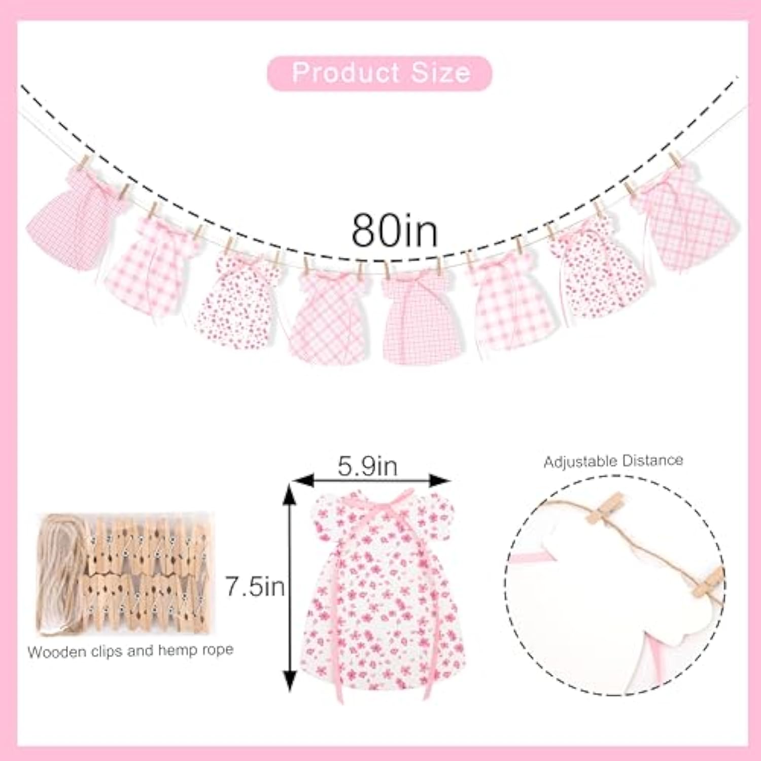 Pink Gingham Baby Dress Bodysuit Banner Floral Bow Baby Shower Decor