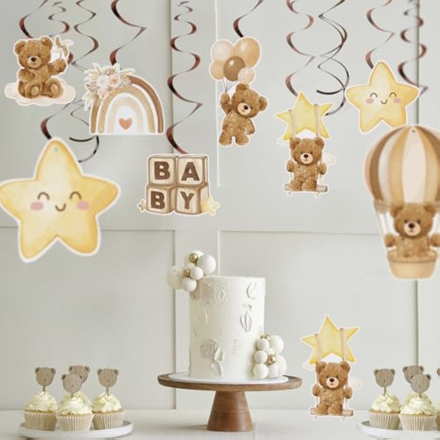 24Pcs Bear Baby Shower Hanging Swirls Decorations We Can Bearly Wait Baby Shower Ceiling Decorations Cream Brown Gender Neutral