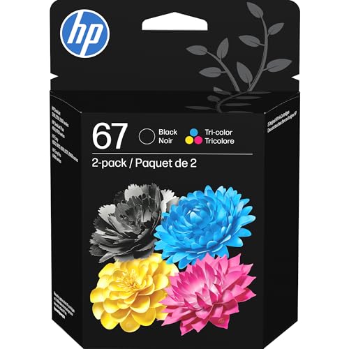 67 Black/Tri-Color Ink Cartridges (2-Pack) | Works With Deskjet 1255, 2700, 4100, Envy 6000, 6400 | Instant Ink Eligible | 3Yp29An | Packaging May Vary