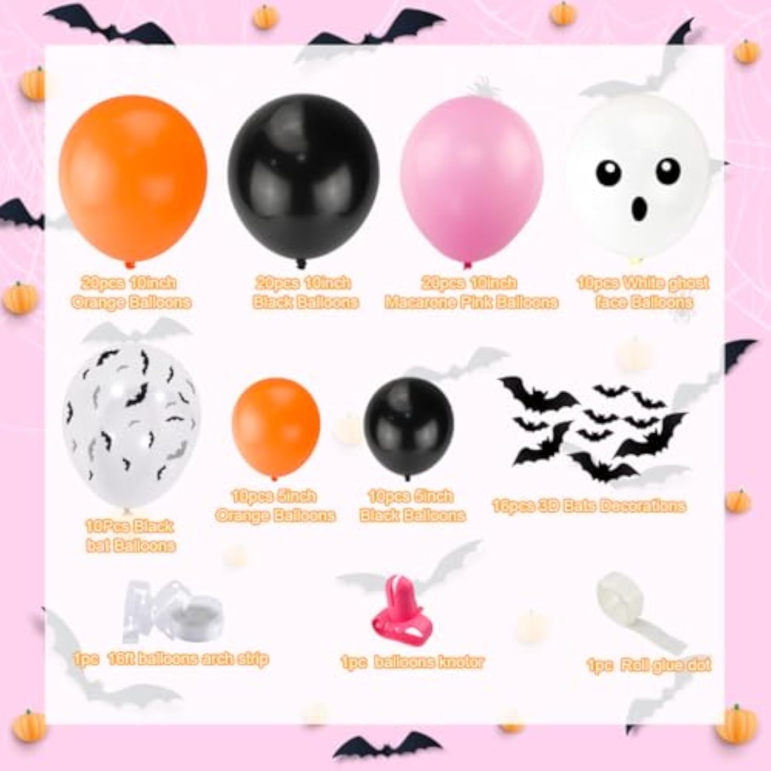 100Pcs Girls Halloween Balloon Arch Kit - Pink, Black, Orange with Skull & Bat Stickers