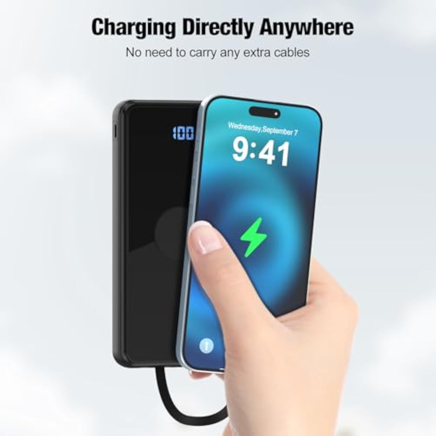 Portable Charger With Built In Cables,High Speed Power Bank 10000Mah Travel Battery Pack 5 Outputs 3 Inputs Portable Phone Charger Backup Battery For Iphone, Samsung, Ipad,Tablets (Black)
