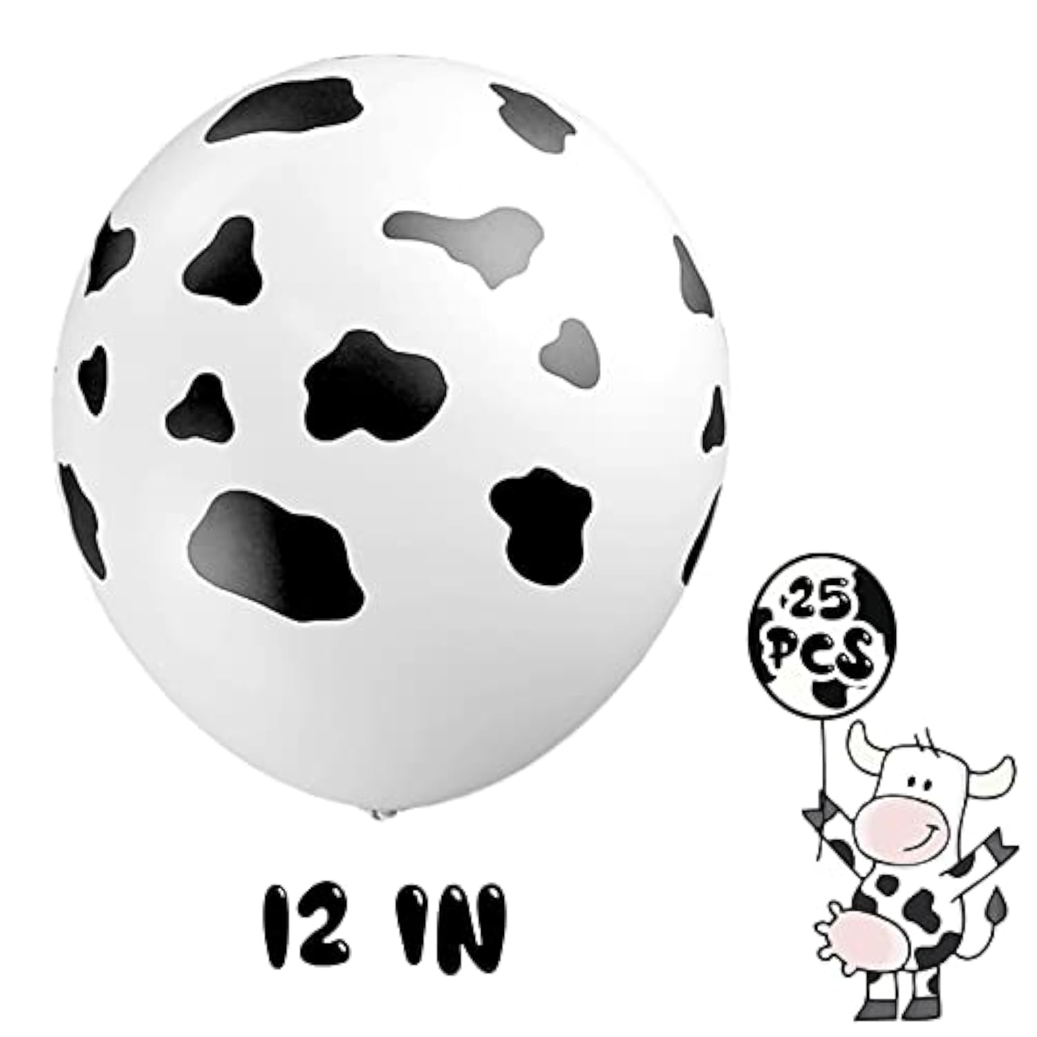 25Pcs Cow Balloons, White, Latex, Farm Animal Decoration, Boys Birthday Party Supplies