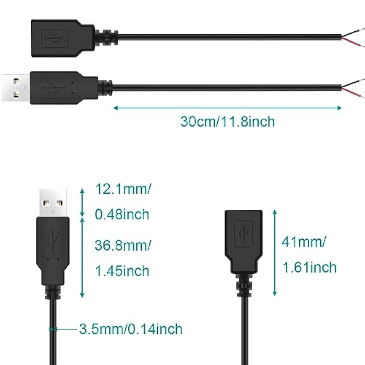 Micro Usb Cable Male Female To 2 X Open Cable Ends, Usb 2.0 Connector To 2 Wir