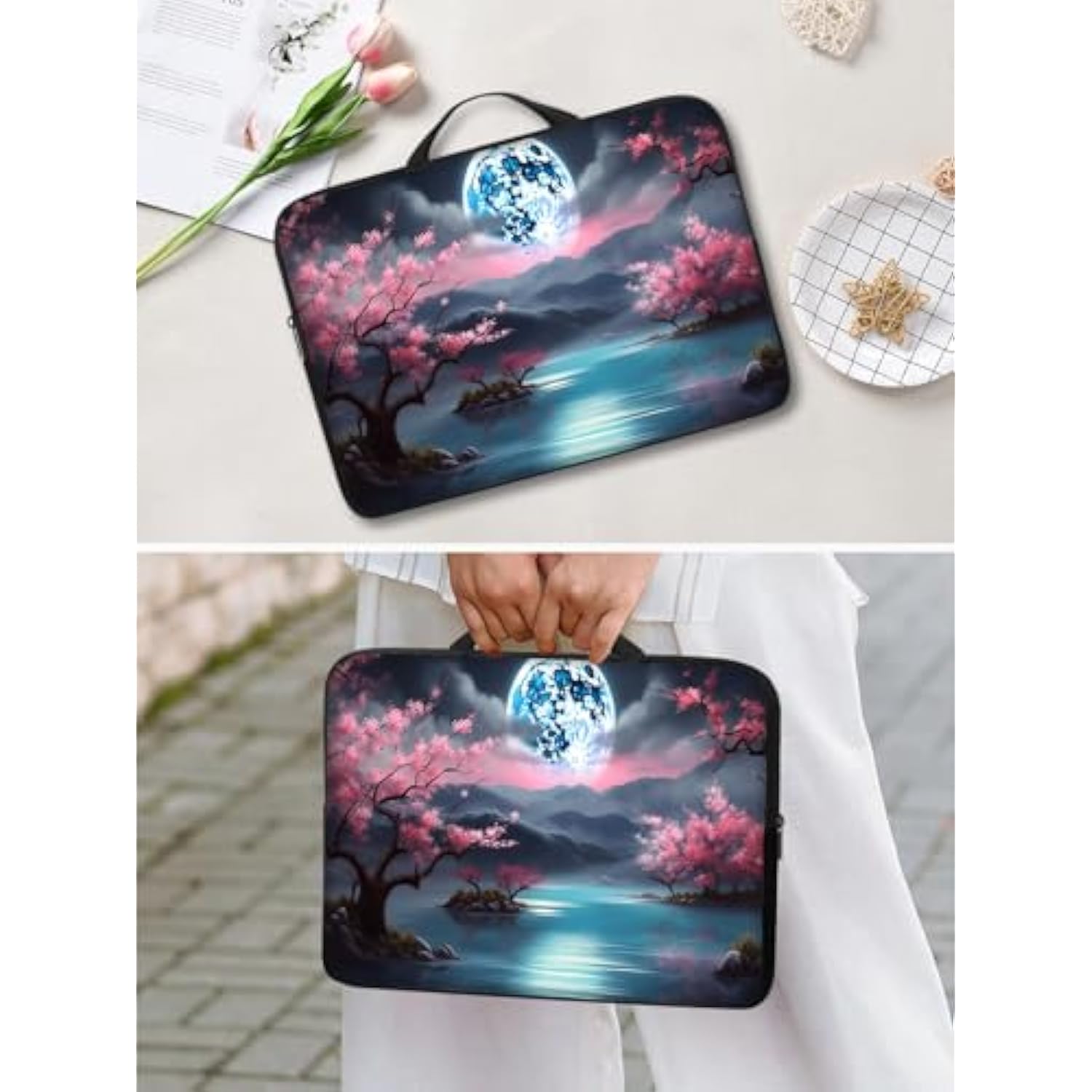13-15 Inch Laptop Sleeve Compatible With Macbook Air 13-15 Inch, Slim Lightweight Shockproof Foam Soft Inner Lining Laptop Case Cute Travel Laptop Sleeve For Dell/Hp, Sakura Moon