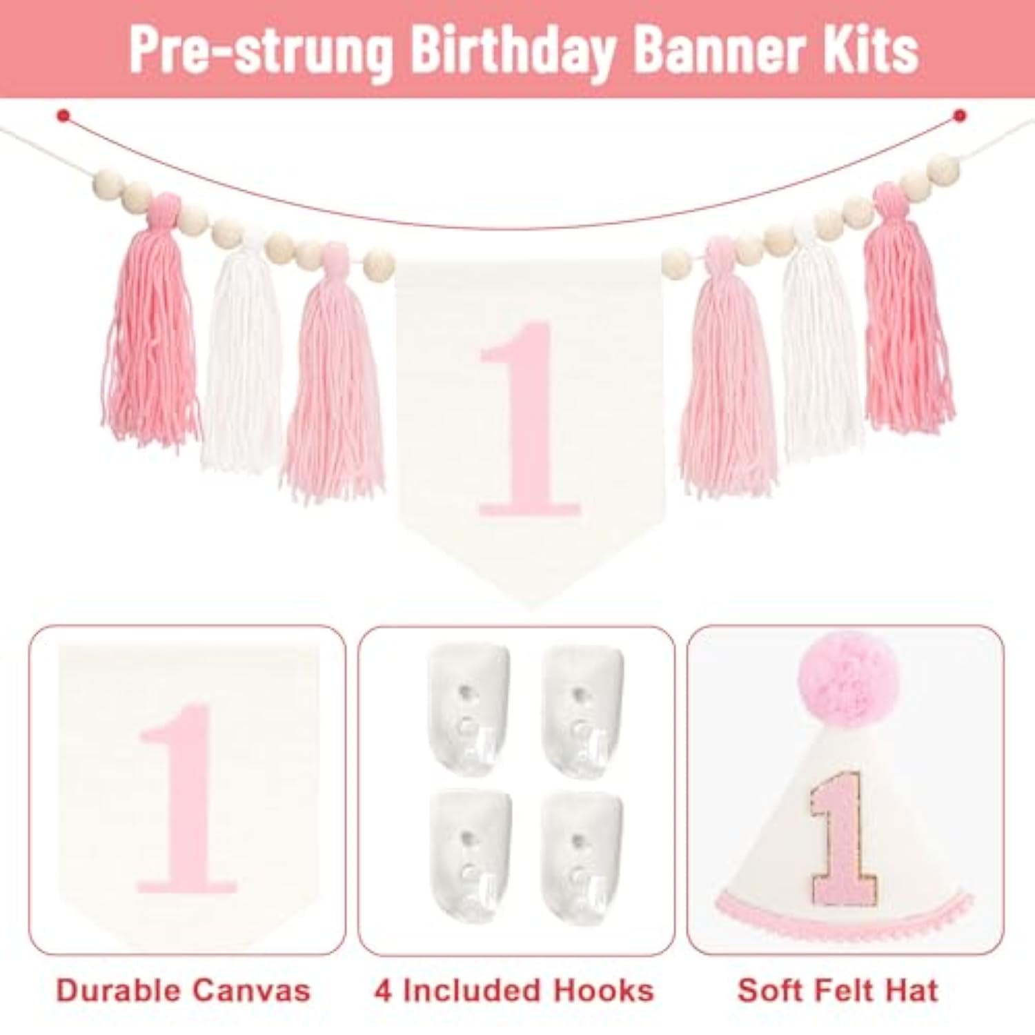 Pink One High Chair Banner - Baby Girl First Birthday Decorations 1St Birthday Girls One Year Old Outfit Garlands With Wood Bead Tassel Conical Hat Cake Topper For Baby Shower Party Decoration